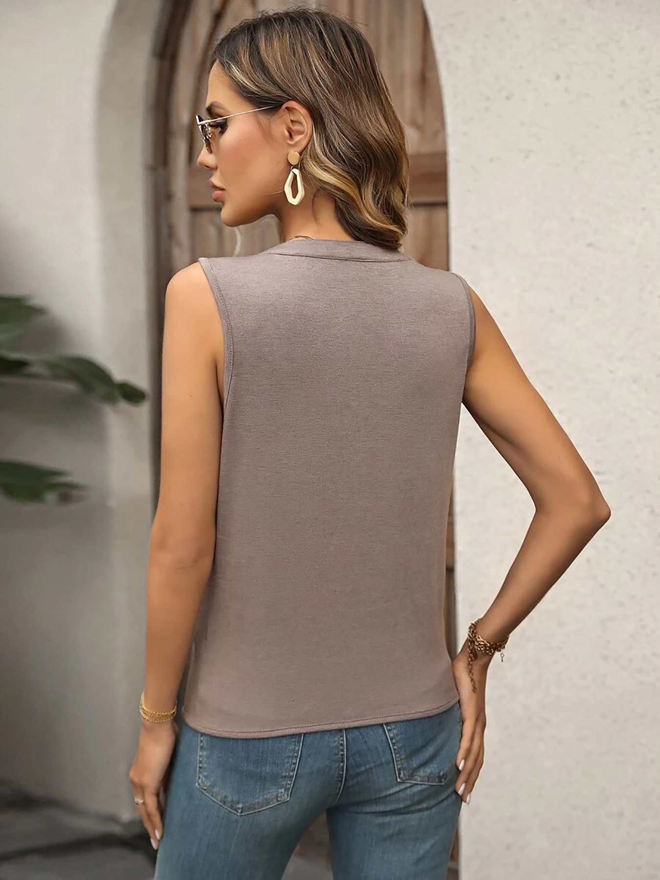 DEBAIJIA Kurzweste Damen Tank Top Plissee V-Ausschnitt Ärmellos T-Shirt Sommer Elegant – Bild 3 von 5