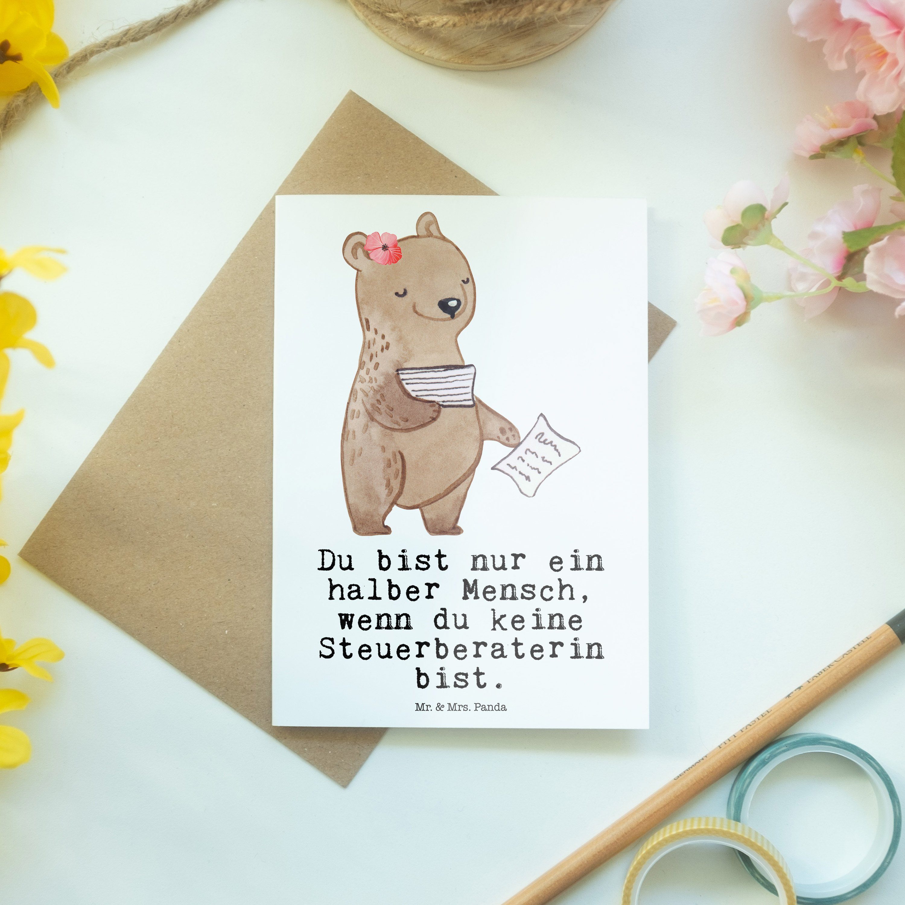 Steuerberaterin Mrs. Mr. Grußkarte Glückwunschkarte Herz & Panda Geschenk, - mit Weiß - Firma,