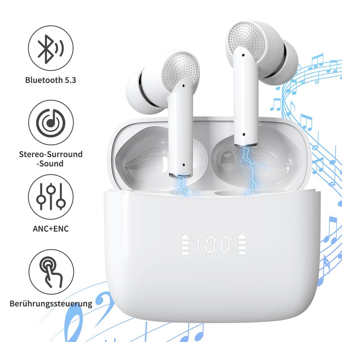 Greensky Bluetooth In-Ear-Kopfhörer Hi-Fi-Sound Ohrhörer wireless Kopfhörer (TWS,mit LED-Anzeige, Google Assistent, Siri, Bluetooth 5.2, Active Noise Cancelling (ANC), Echo Noise Cancellation (ENC) J8 pro, Weiß