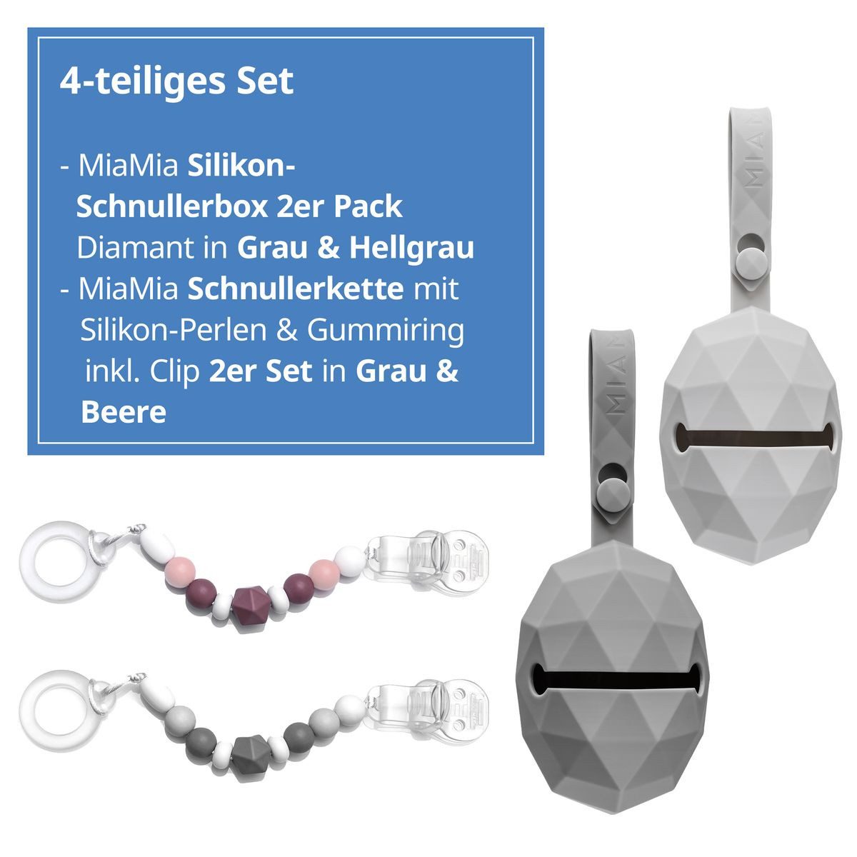 MiaMia Schnuller Grau Beere, 4-tlg. Schnuller-Zubehör-Set Schnullerbox, Schnullerkette inkl. Clip