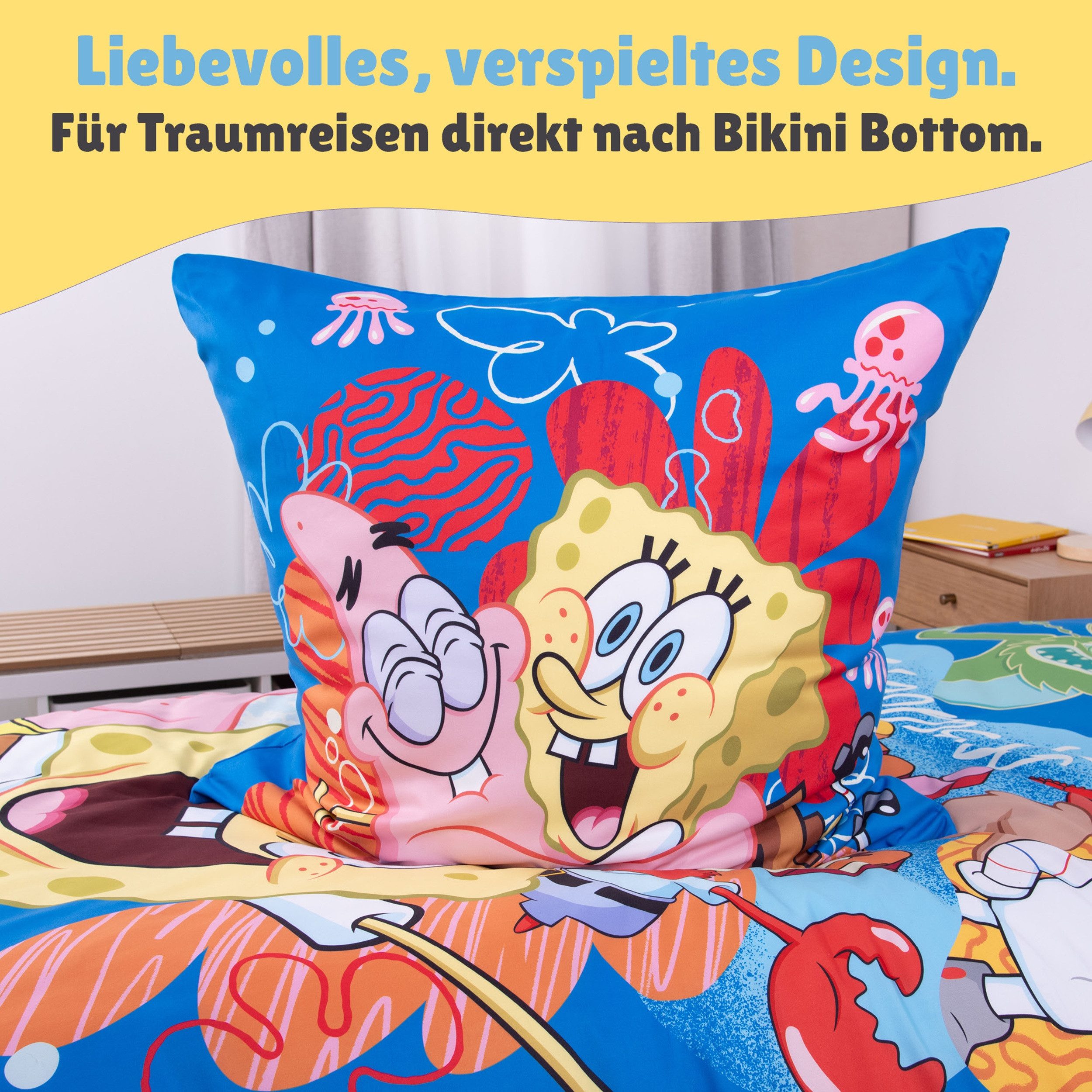 Familando Kinderbettwäsche Spongebob Bettwäsche Set 2-teilig 135x200 80x80 cm mit Reißverschluss, Mikrofaser, 2 teilig, mit allen wichtigen Charakteren und Wend – Bild 5 von 5