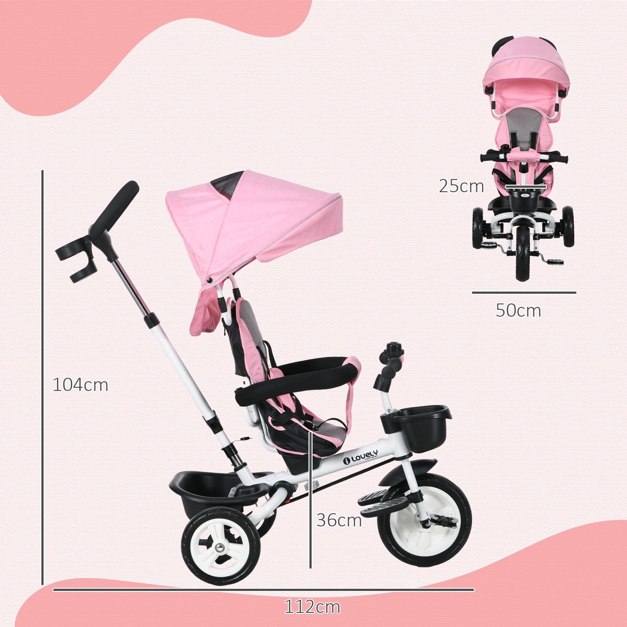 HOMCOM Dreirad 6 in 1 Kinderdreirad, vorwärts/rückwärts, Korb+Getränkehalter, für 1-5 Jahre Kinder, Rosa