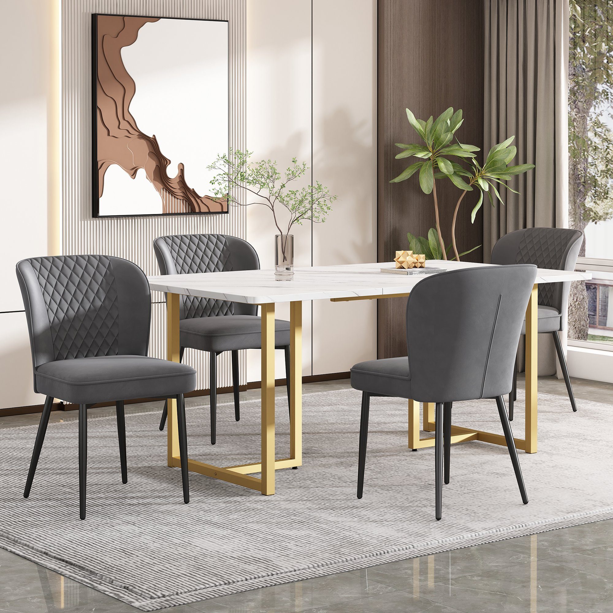 OKWISH Essgruppe Polsterstuhl, (Moderner Küchentisch Set mit 4 Stühlen, Esszimmerstuhl mit Metallbeinen), mit Rückenlehne