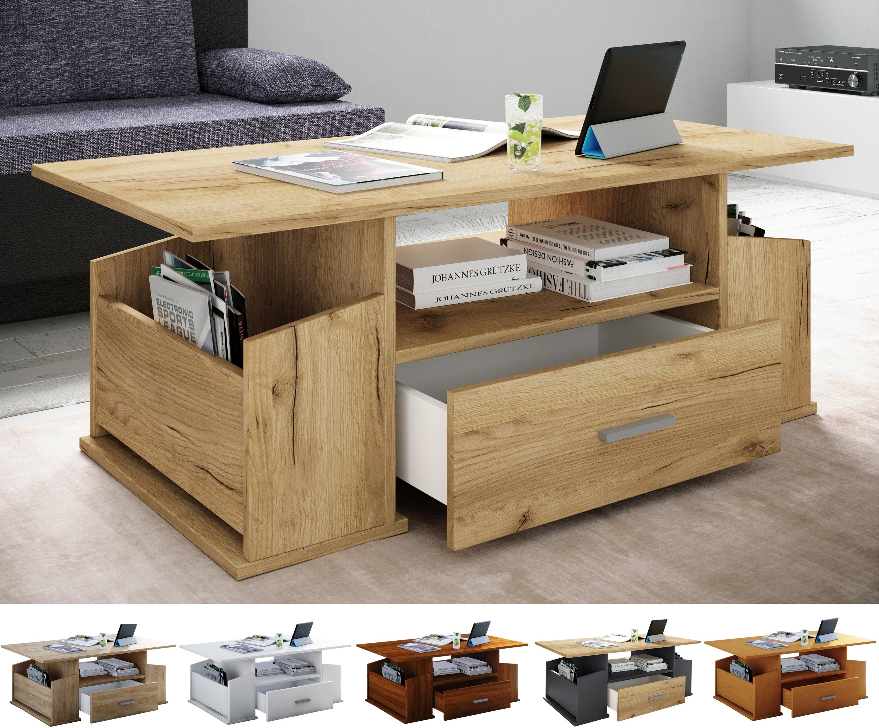 VCM Couchtisch Holz Sofatisch Couchtisch Schublade Kern-Nussbaum Junata