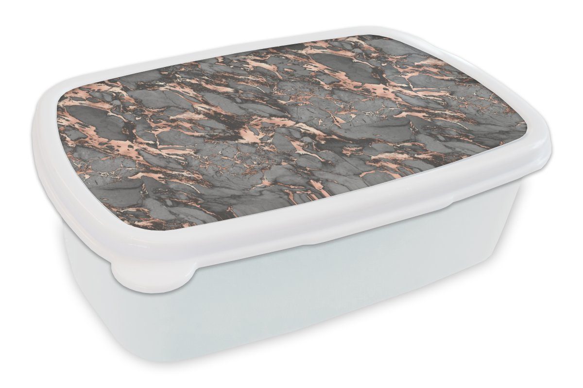 MuchoWow Lunchbox Marmor - Rose - Grau - Muster, Kunststoff, (2-tlg), Brotbox für Kinder und Erwachsene, Brotdose, für Jungs und Mädchen weiß