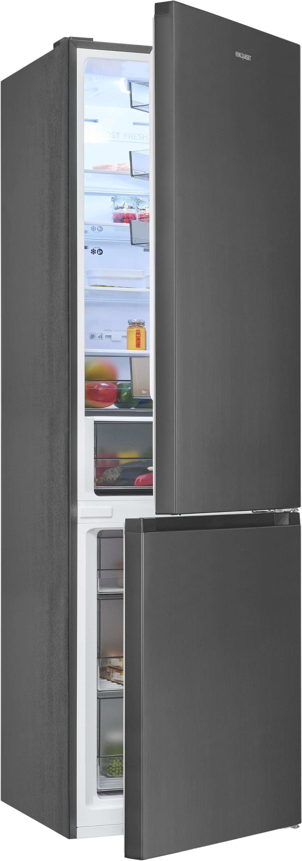 exquisit Kühl-/Gefrierkombination KGC380-115-NF-040C inoxlook-az, 200,5 cm hoch, 59,5 cm breit, Humidity Box für optimale Feuchtigkeitsregulierung & kein Abtauen mehr