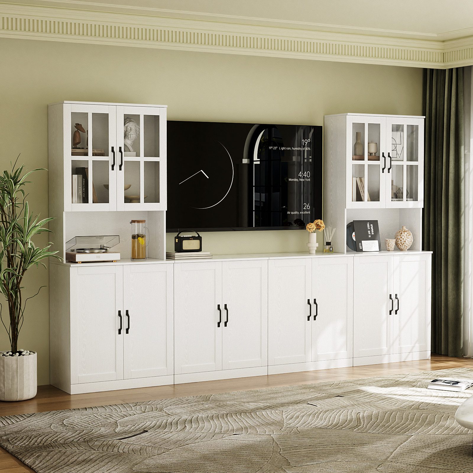 VOWNER TV-Schrank Modularer Wohnzimmerschrank mit Glastüren & Bücherregalen (4-St) 4-teiliger Fernsehschrank für TV bis 50 Zoll, 240 x 180 x 40 cm