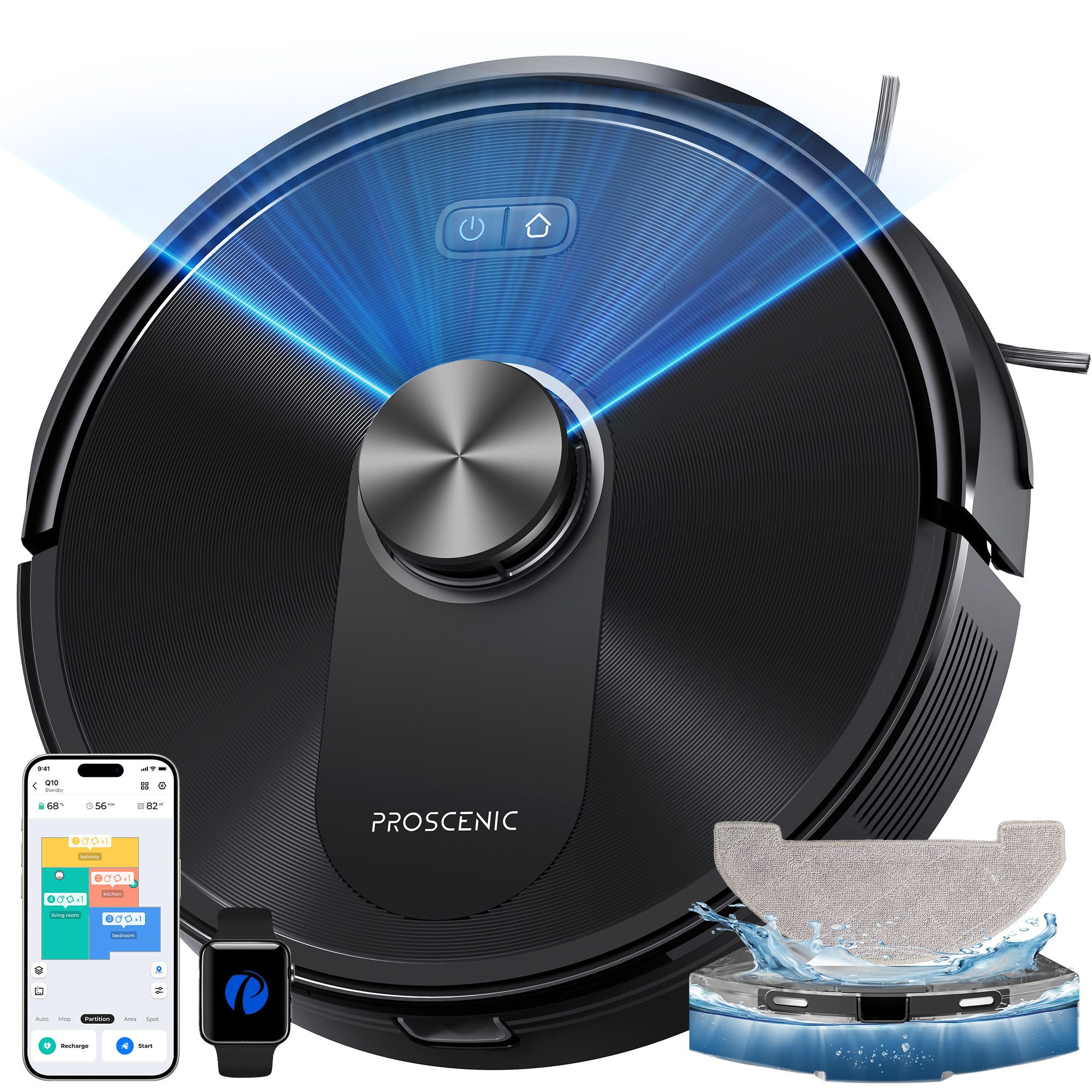 Proscenic Saugroboter Q10 8000Pa, 200 min, 64dB, 360°-LiDAR-Navigation, beutellos, mit Alexa, Google Home, Siri, IFTTT und der App (Upgrade vom Q8)