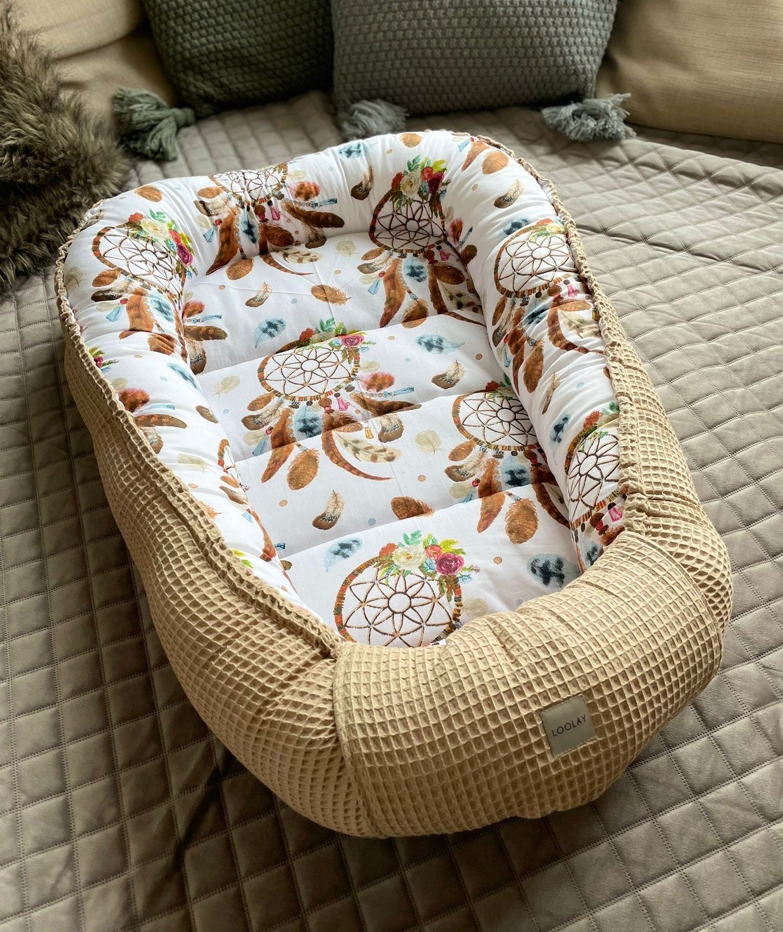Bettnestchen Traumfänger BOHO/Waffelpique TAUPE Babynest Babyaustattung Neugeborene