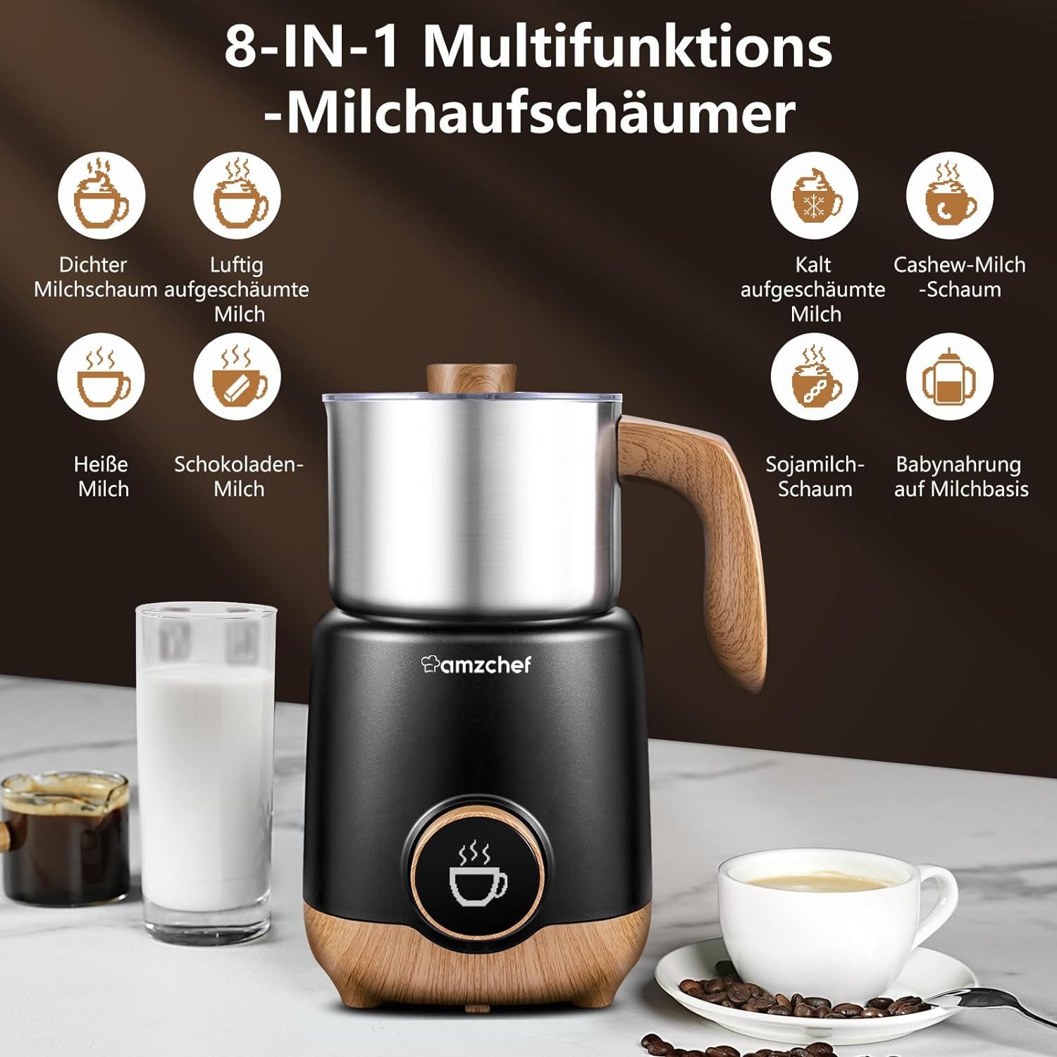 AMZCHEF Milchaufschäumer CE-MMF-9117-BK, 550,00 W, 8-IN-1 550 Watt, 600ml Multifunktionaler Geteilter Milchaufschäumer