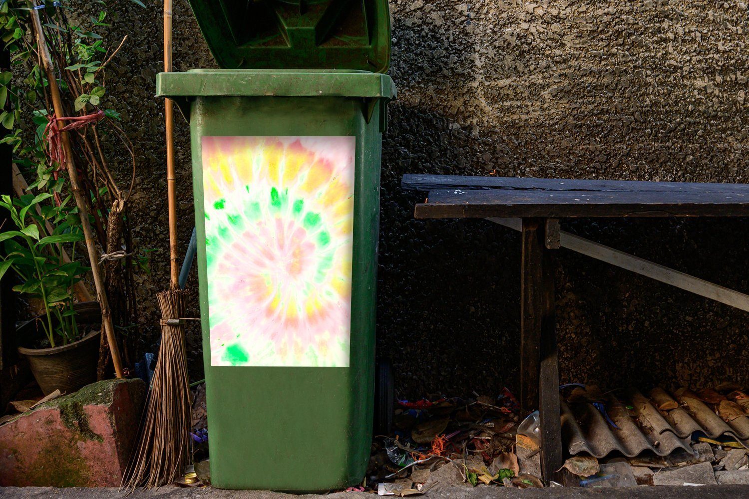 MuchoWow Wandsticker Container, - Mülltonne, (1 St), Sommer Abfalbehälter Krawattenfärbung Sticker, Rosa - Mülleimer-aufkleber