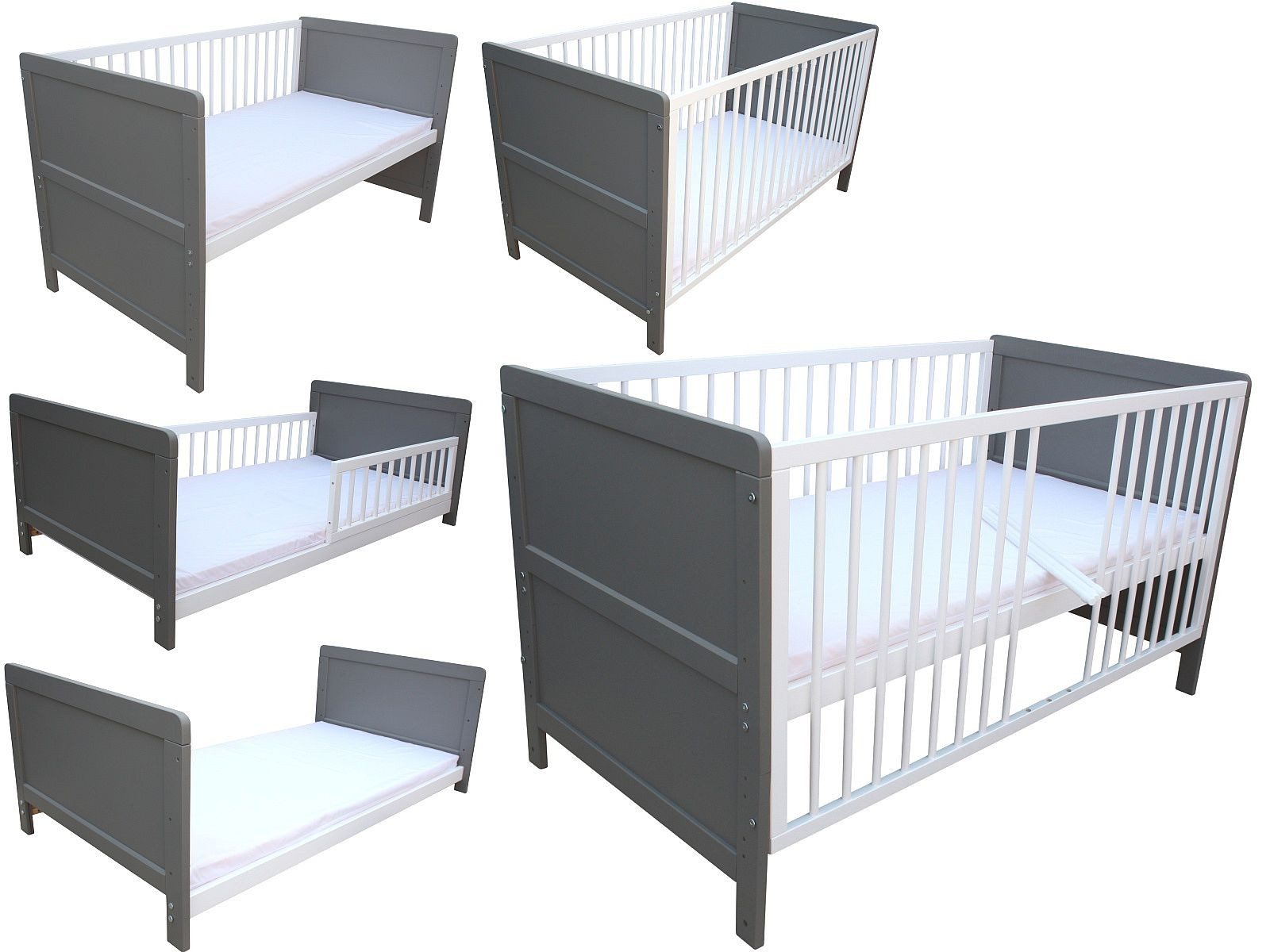Kinderbett Kinderbett Juniorbett Beistellbett 140x70 cm 3in1 + Matratze grau-weiß