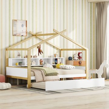SOFTWEARY Hausbett mit Lattenrost, Gästebett und Regal (140x200 cm), Kinderbett, Holzbett