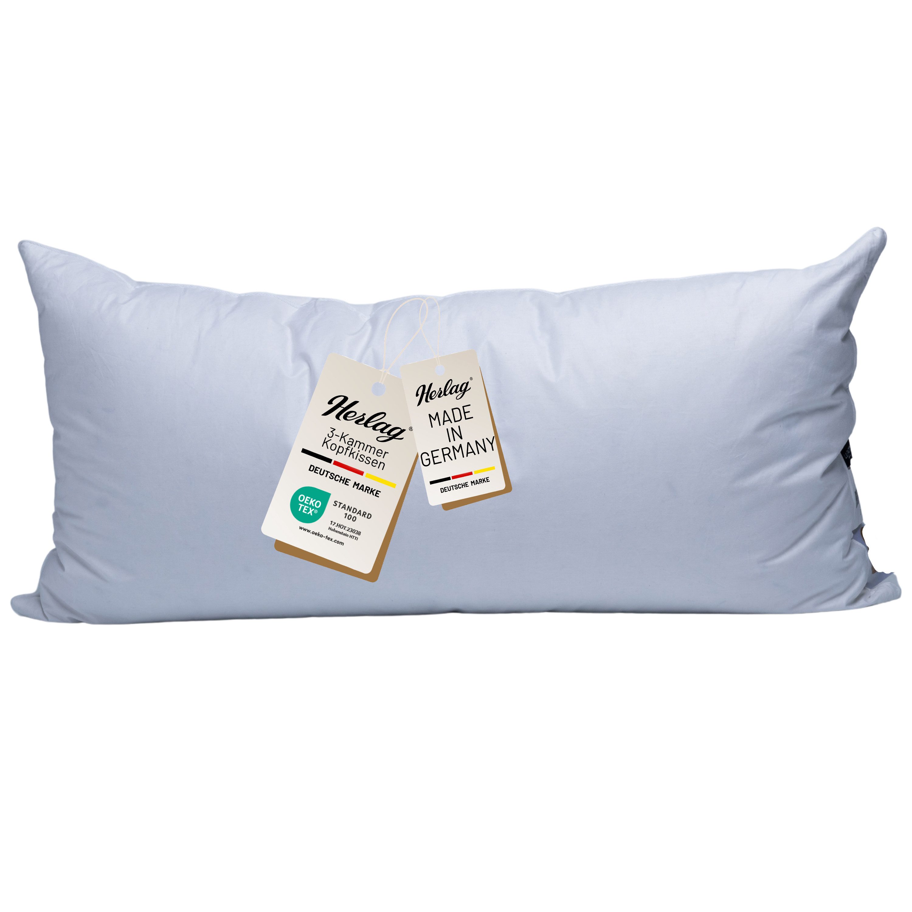 Herlag 3-Kammer-Kopfkissen Daunenkissen 80x80 oder40x80cm, Füllung: Daunen und Federn, Allergikerfreundlich, 60°C Waschbar, hergestellt in Deutschland