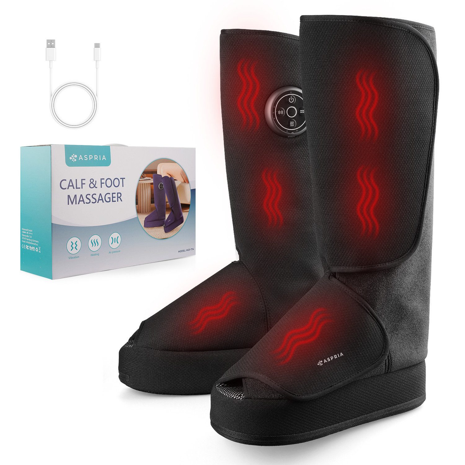ASPRIA Fußmassagegerät 2-in-1-Waden-Fuß-Massagegerät mit Luftkompression, Vibration und Wärmetherapie, für geschwollene Beine
