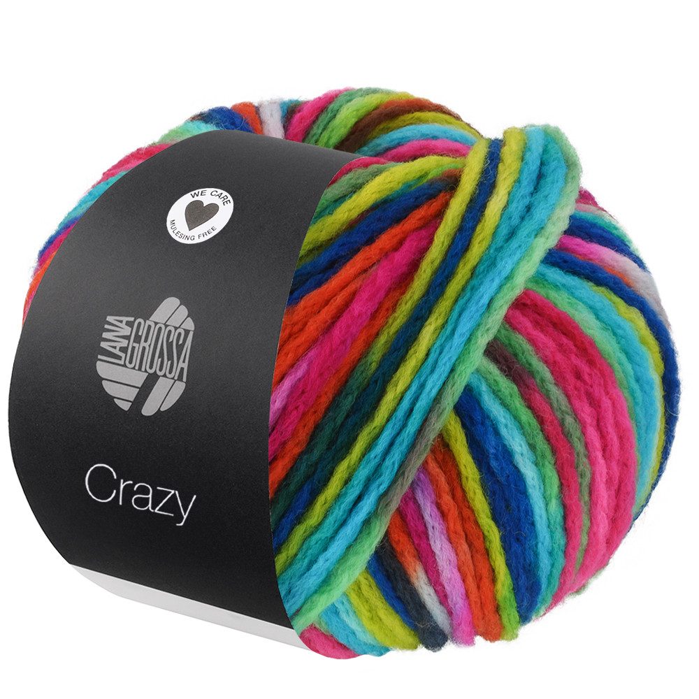LANA GROSSA CRAZY Voluminöses Merinogarn mit lebendigen Farbprints Häkelwolle, 140 m (95 % superwash Merino-Schurwolle für weichen Garncharakter, Lebendige Farbprints für individuelle Statement-Looks), 100 g