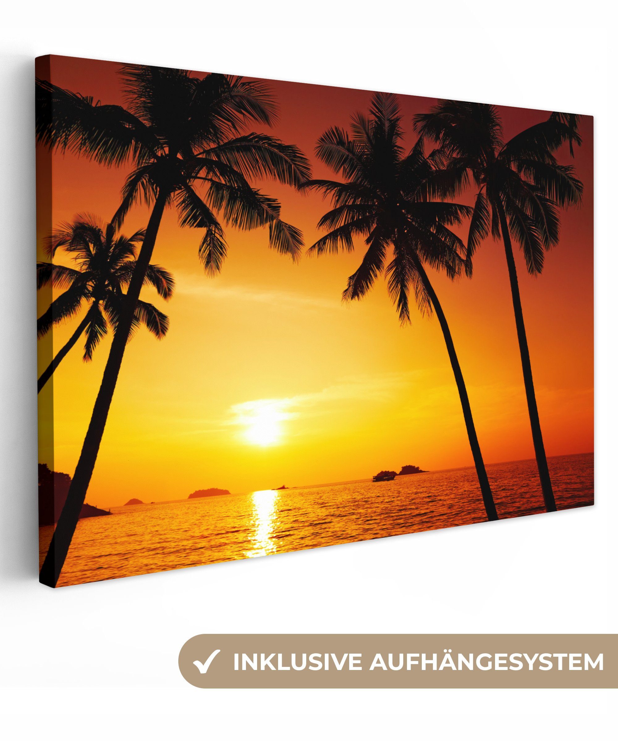 OneMillionCanvasses® Leinwandbild Palme - Sonnenuntergang - Strand - Orange günstig online kaufen
