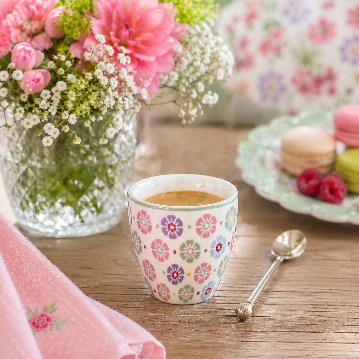 Greengate Espressotasse Greengate – Mini Latte Cup Rike Weiß/Geblümt