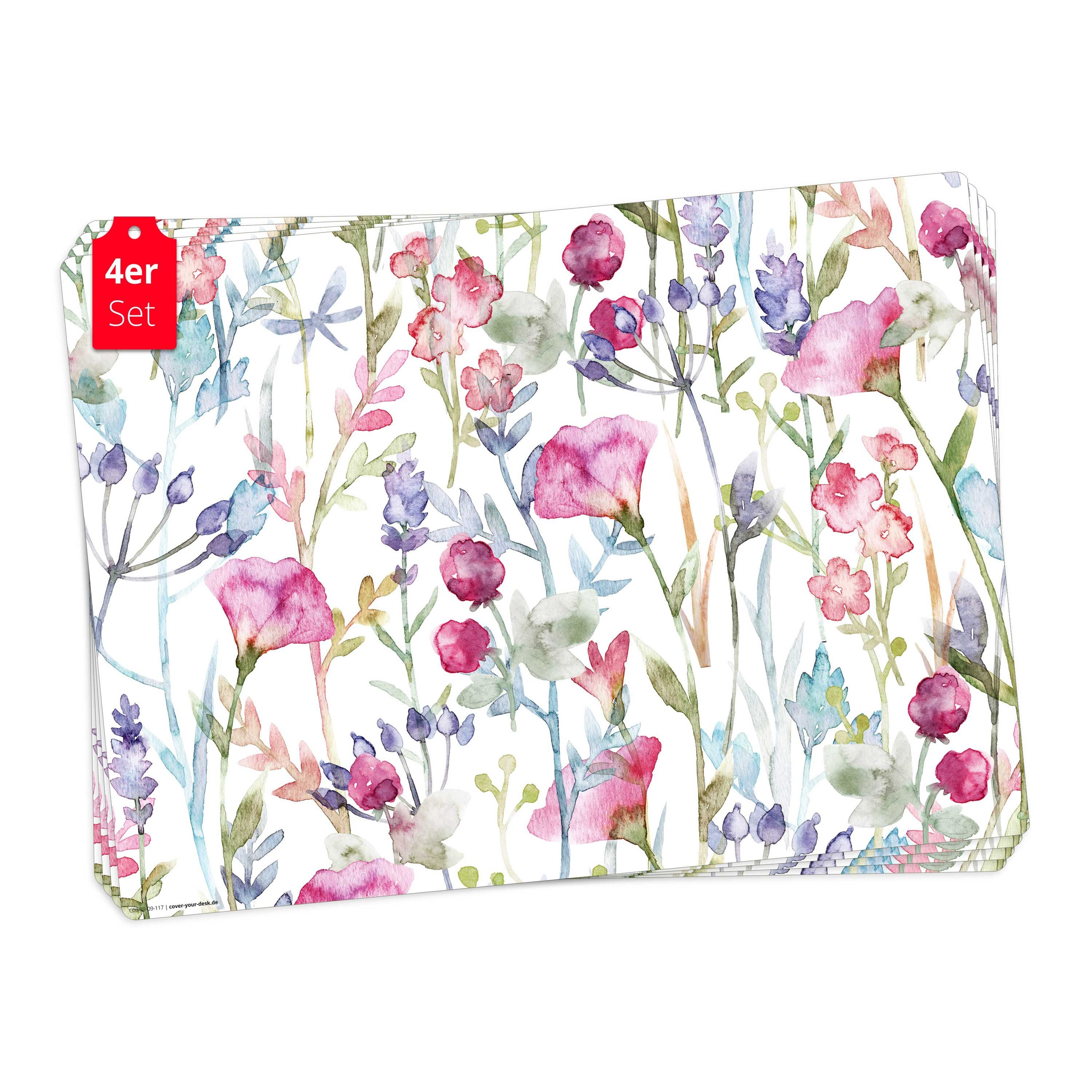 Tischsetmacher Platzset Tischset, Platzset abwaschbar - Wildblumen Aquarell, (aus erstklassigem Vinyl, 4-St., 44 x 32 cm / bunt), Made in Germany