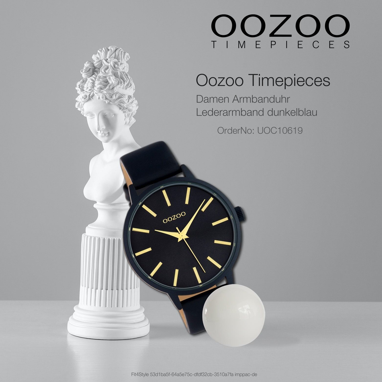 Damenuhr OOZOO (ca. dunkelblau Armbanduhr 42mm) groß Fashion-Style Analog, Oozoo Lederarmband, rund, Quarzuhr Damen