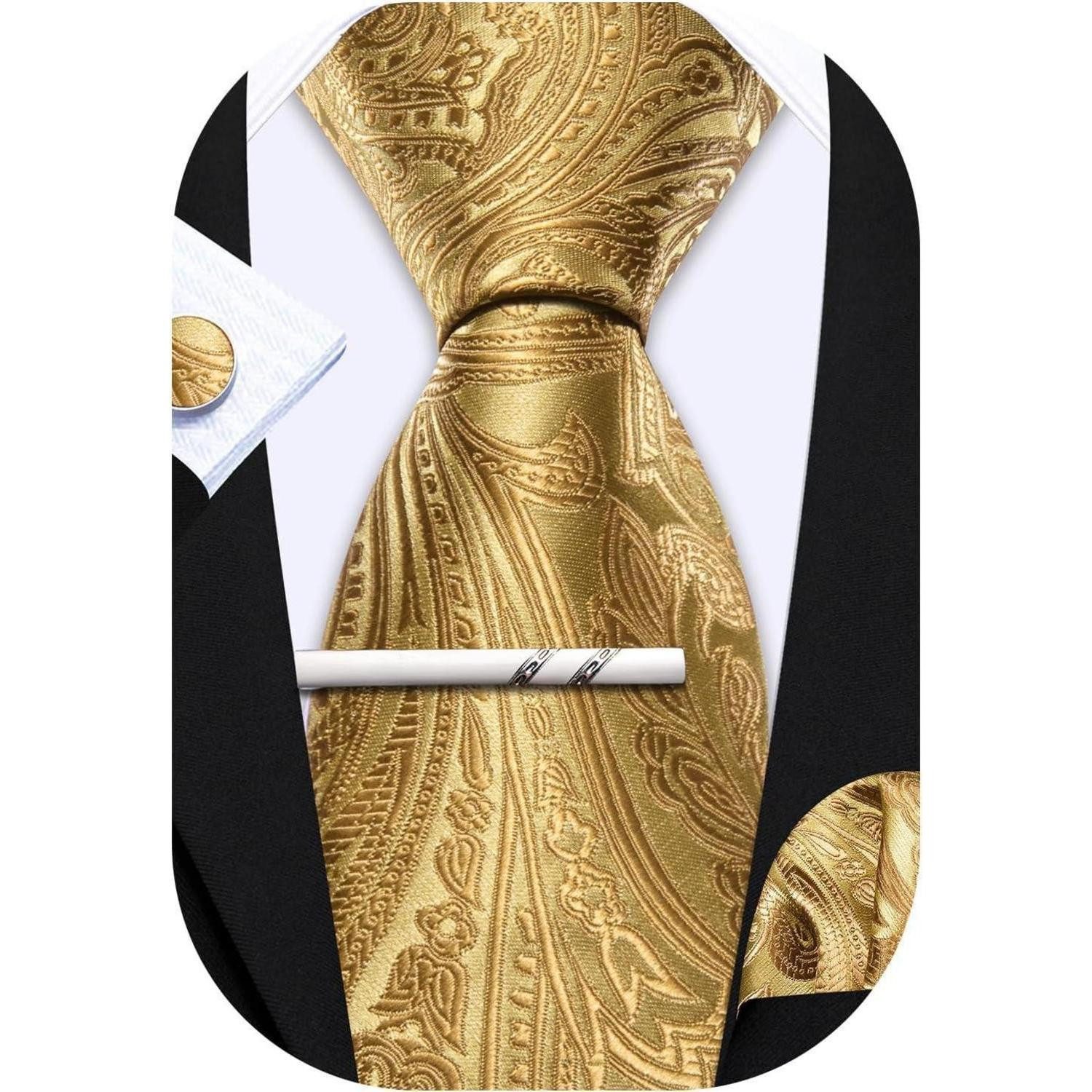 LuxusKollektion Krawatte Krawatte Herren Seide Set Paisley Einstecktuch Hochzeit Gold Krawatten