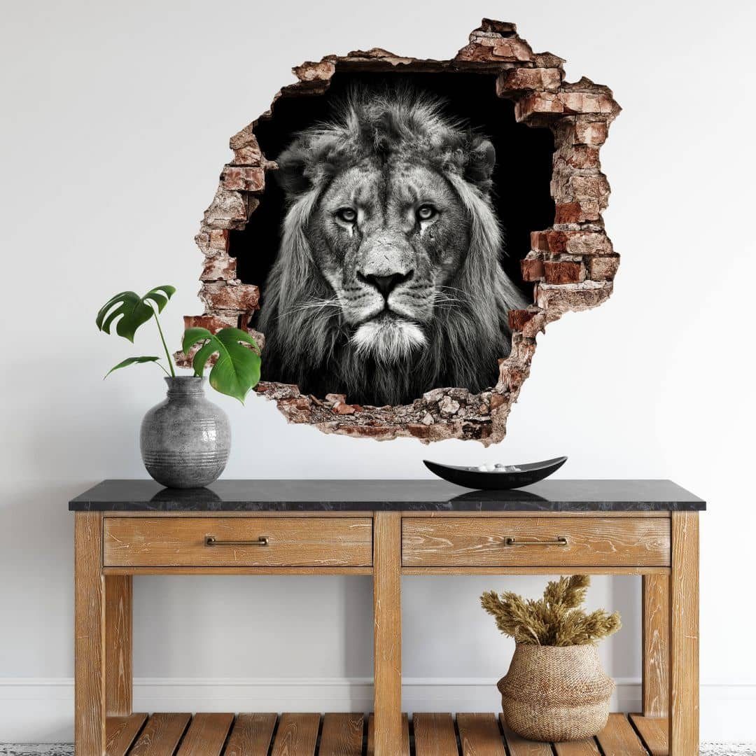 K&L Wall Art Wandtattoo 3D Wandtattoo Meermann Safari Tiere Löwe schwarz weiß Fotografie, Mauerdurchbruch Wandbild selbstklebend