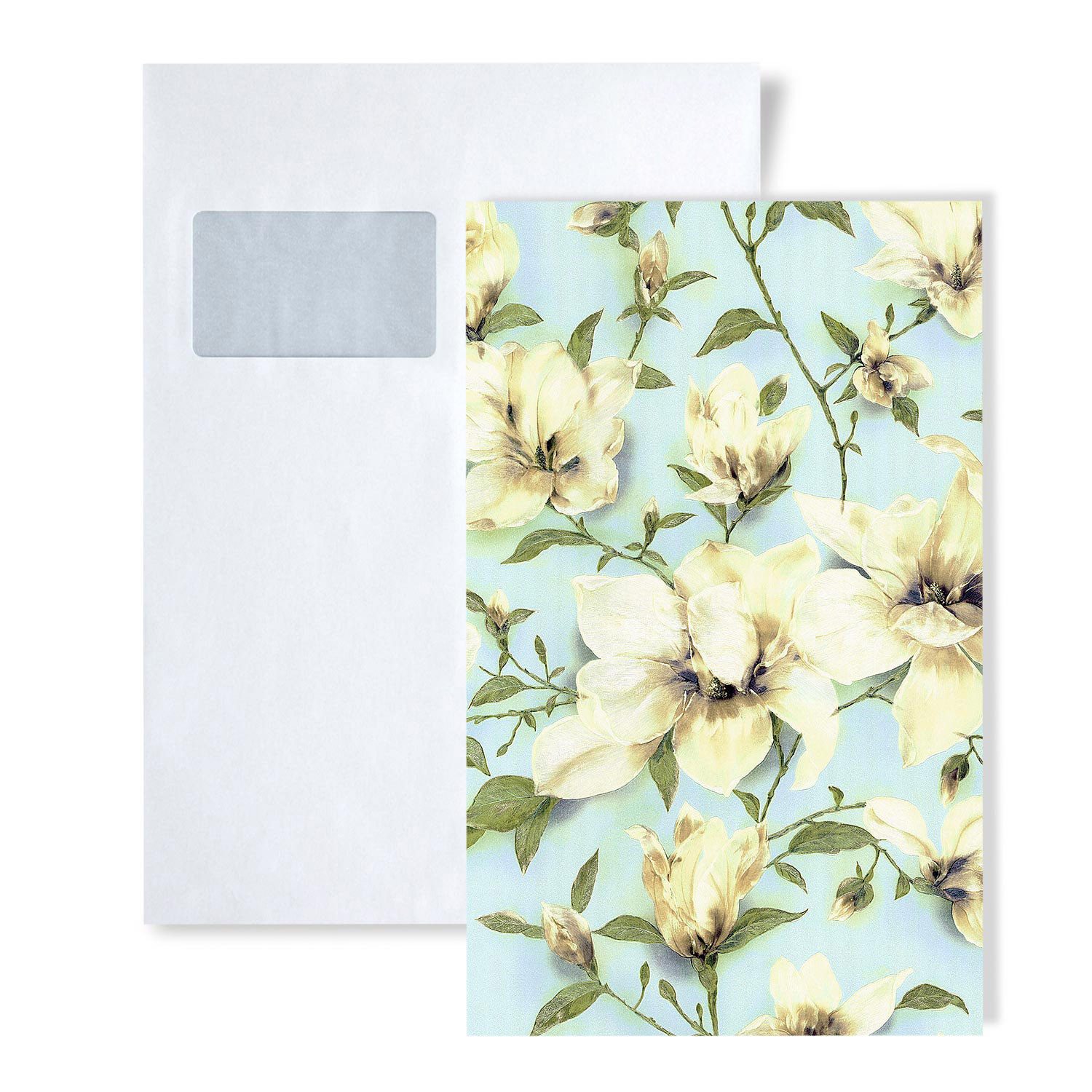 Edem Prägetapete 1 MUSTERSTÜCK S-9080-29 DIN A4 MUSTER der Blumen Vliestapete, botanisch, geblümt, schimmernd, (1 Musterblatt, ca. A5-A4), blau, grün, weiß