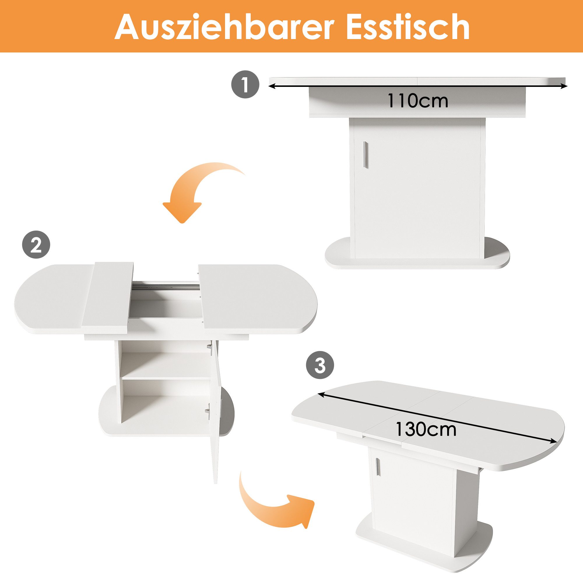 Flieks Esstisch (klappbar 110-130x70x75 cm, 1-St., mit Metallgriff), ausziehbar Tisch oval Küchentisch mit Stauraum Schreibtisch weiß