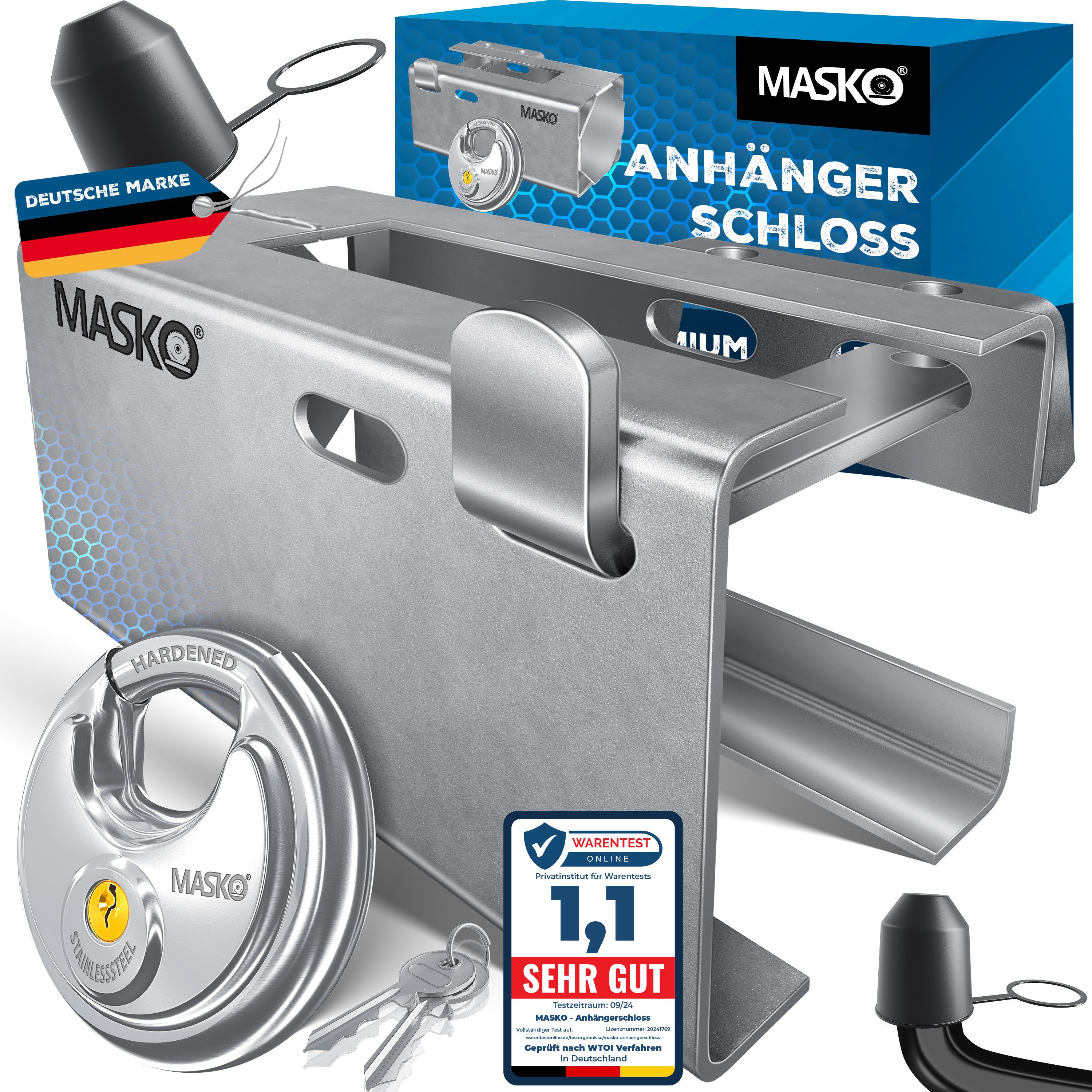 MASKO Anhängerschloss (Inkl. Rundbügelschloss & Schlüssel & Schutzkappe), Anhänger Schloss Diebstahlschutz Wohnwagen Kastenschloss