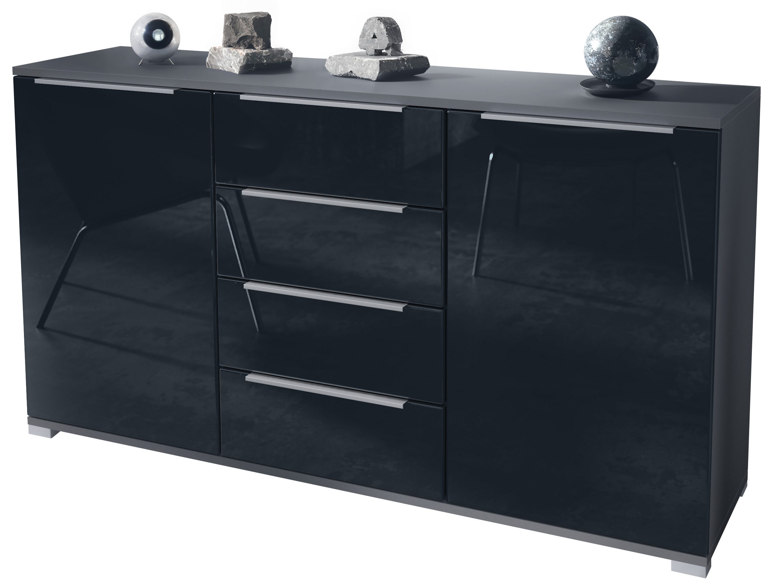 Vladon Sideboard Linio V1 (Anrichte, mit 2 Türen und 4 Schubladen), Anthrazit matt/Schwarz Hochglanz (138,5 x 75,5 x 35 cm)