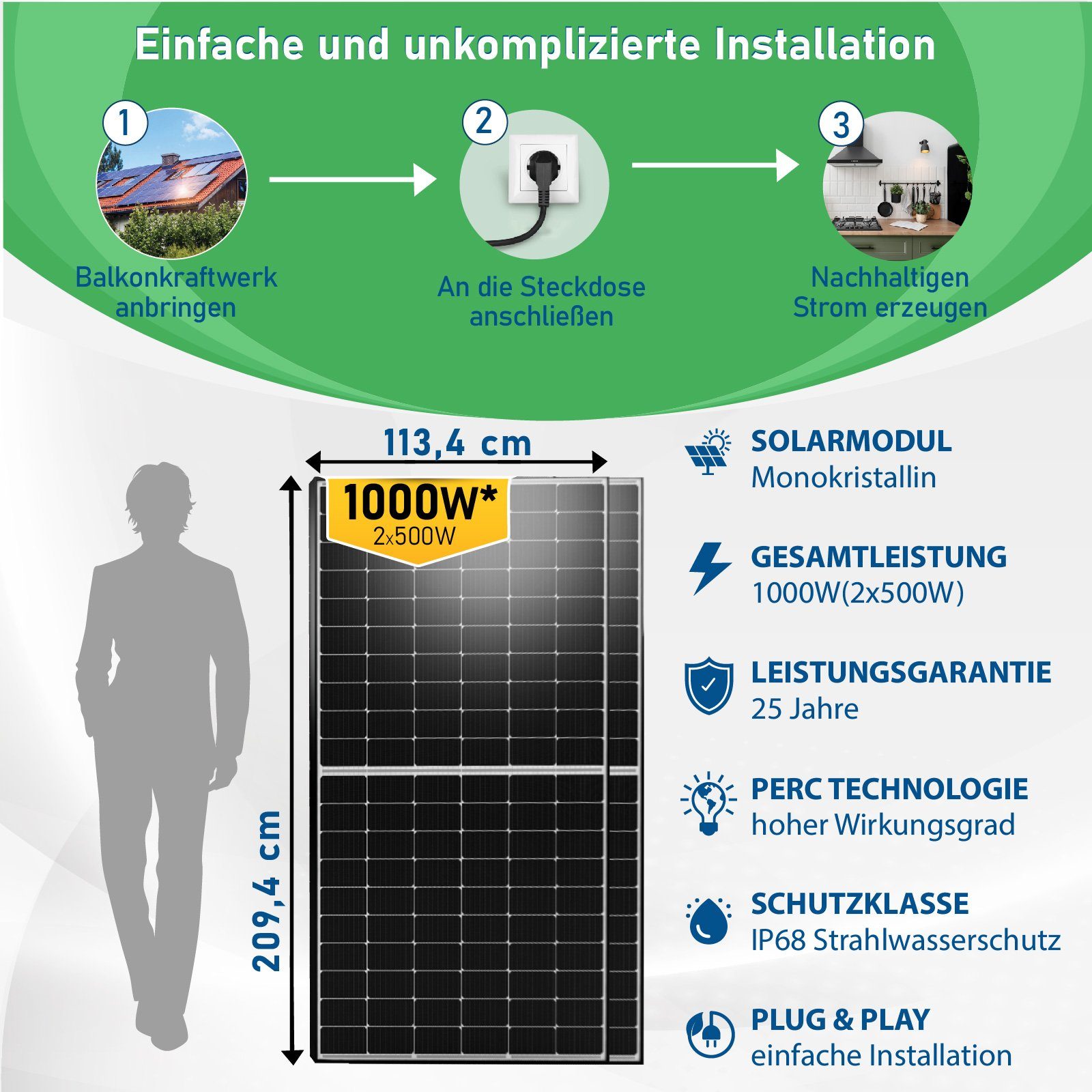 Campergold 800W PV-Montage, Generation WIFI mit Deye Wechselrichter Solaranlage Premium Relais Aufständerung Neu Süd 1000W Light(Groß) Balkonkraftwerk