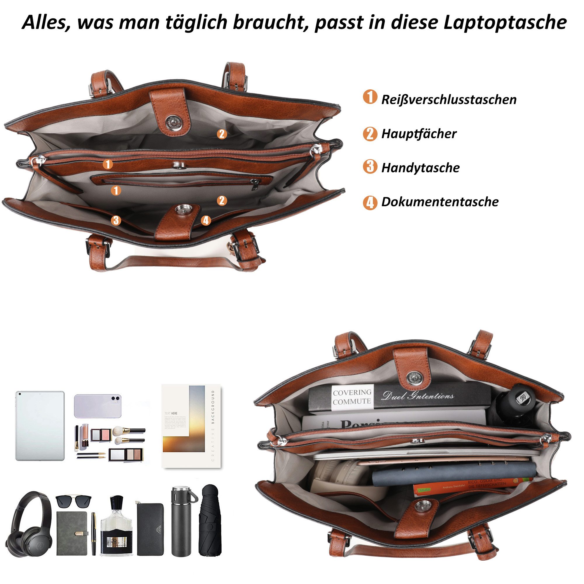 TAN.TOMI Handtasche Große Business Handtasche Damen Leder Schultertasche Arbeit Schule, Bürotasche Damen 15.6 Zoll Notebookt mit 3 Fächern für Büro Schule
