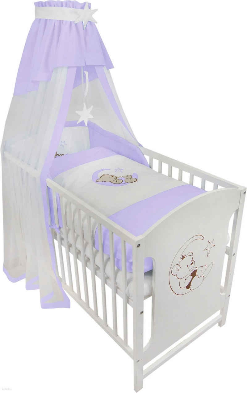 Babyhafen Komplettbett 60 × 120 cm Babybett Teddy auf dem Mond Gitterbett Kinderbett, inkl. Matratze, Himmel, Nestchen & Bettwäsche