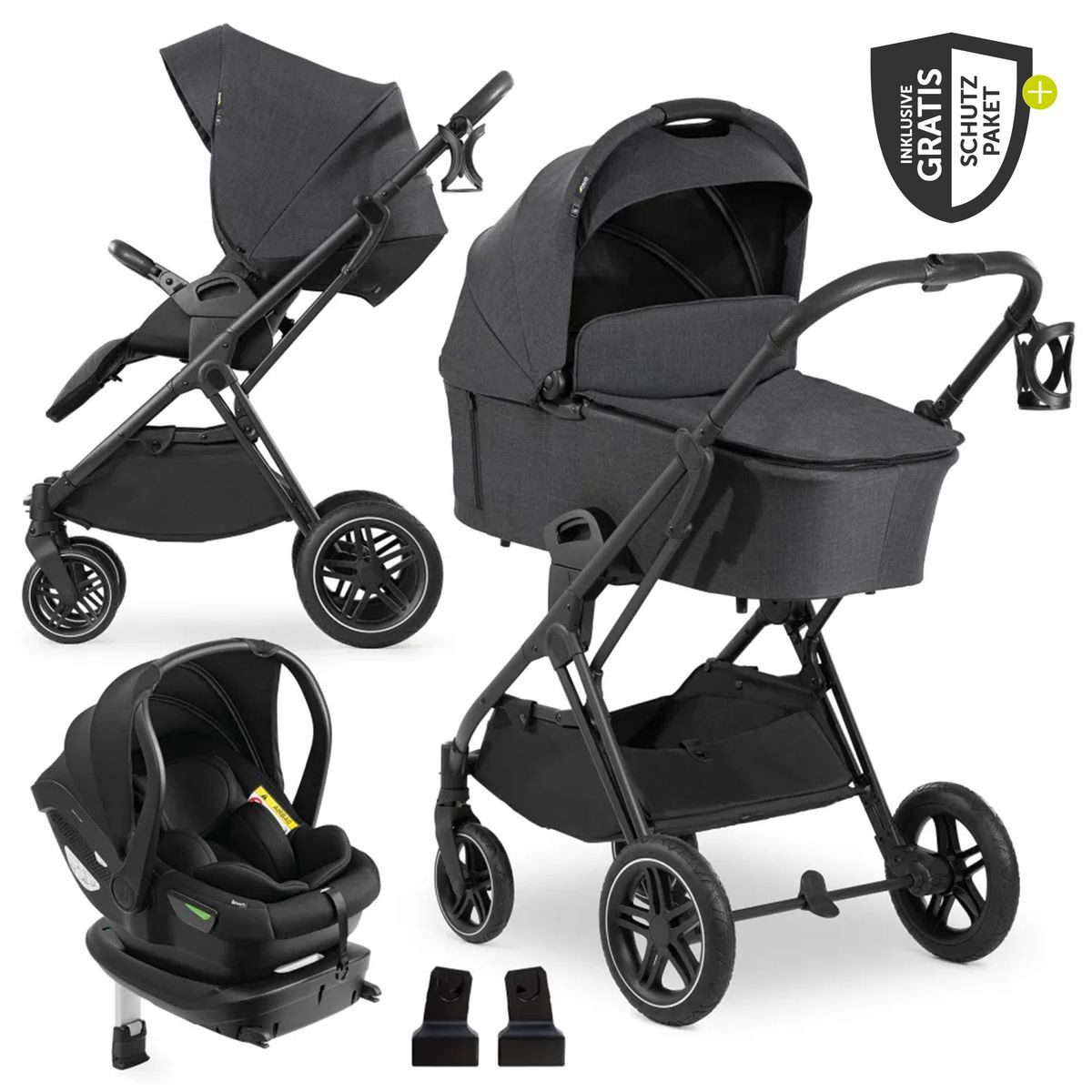 Hauck Kombi-Kinderwagen Vision X Trio Set - Melange Black, 4in1 Kinderwagen Set mit Babyschale, Babywanne, Sportsitz, Isofix Base