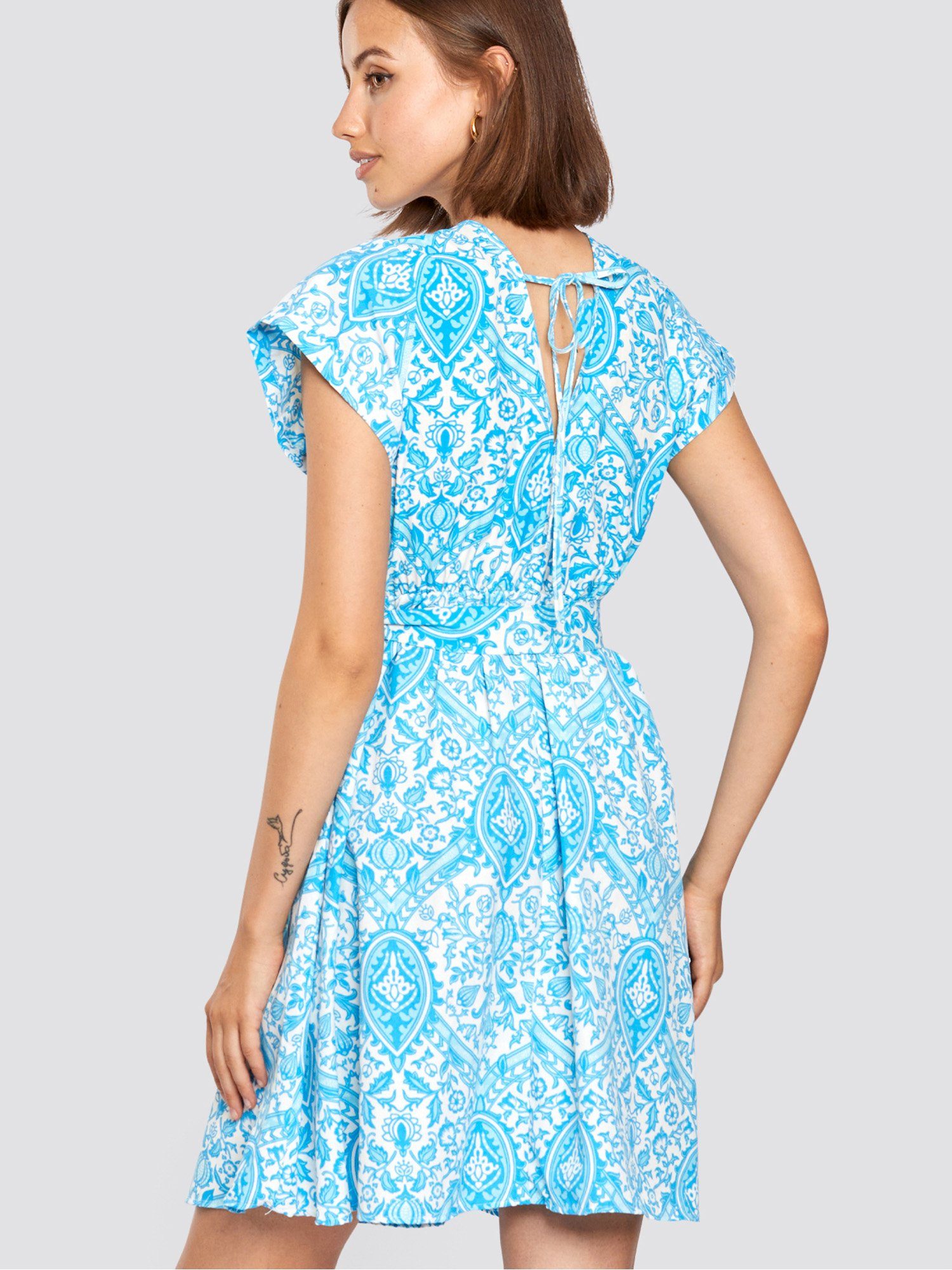 Freshlions Minikleid blau Gemustertes Kleid Taillentunnelzug Sonstige