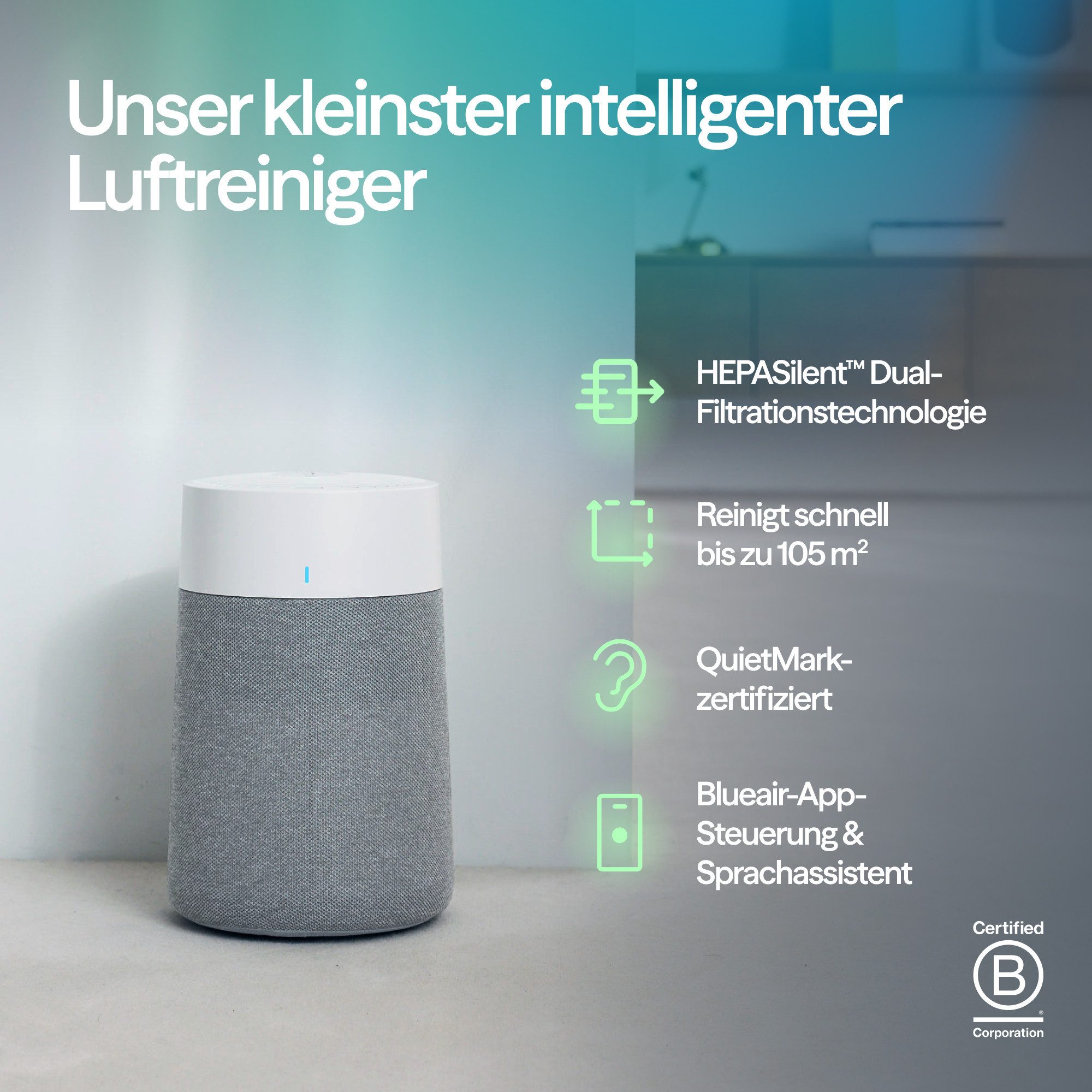 Blueair Luftreiniger 511i Max, für 43 m² Räume, HEPASilent™-Technologie mit Vor-, Partikel und Aktivkohlefilter