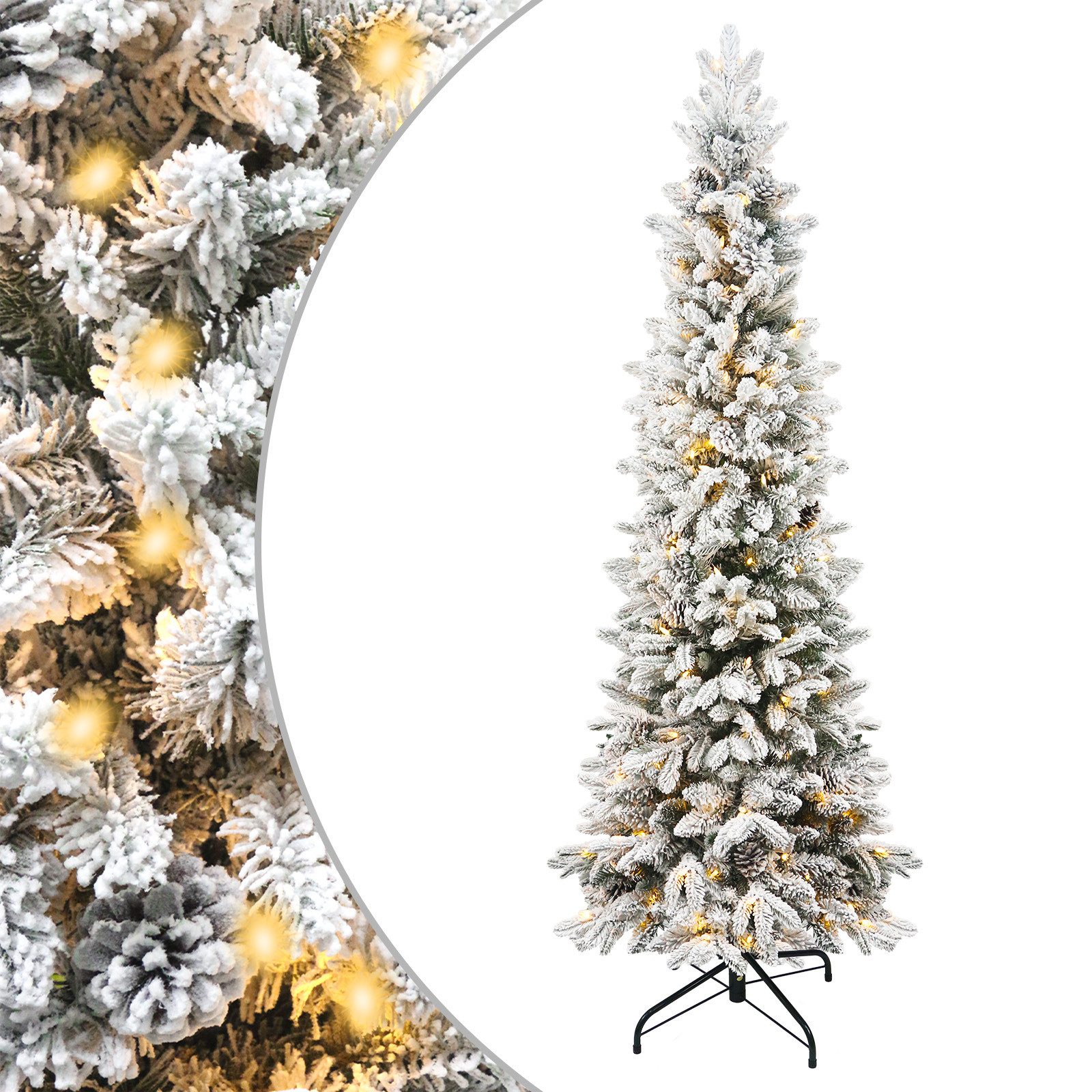 Gotoll Künstlicher Weihnachtsbaum XM060-61 180/210cm mit Beleuchtung,schnee und Klappsystem, Künstlicher Tannenbaum mit ca. 180/210 LED und ca.766 1024 Spitzen, geschmückter schlanker Weihnachtsbaum mit Metallständer