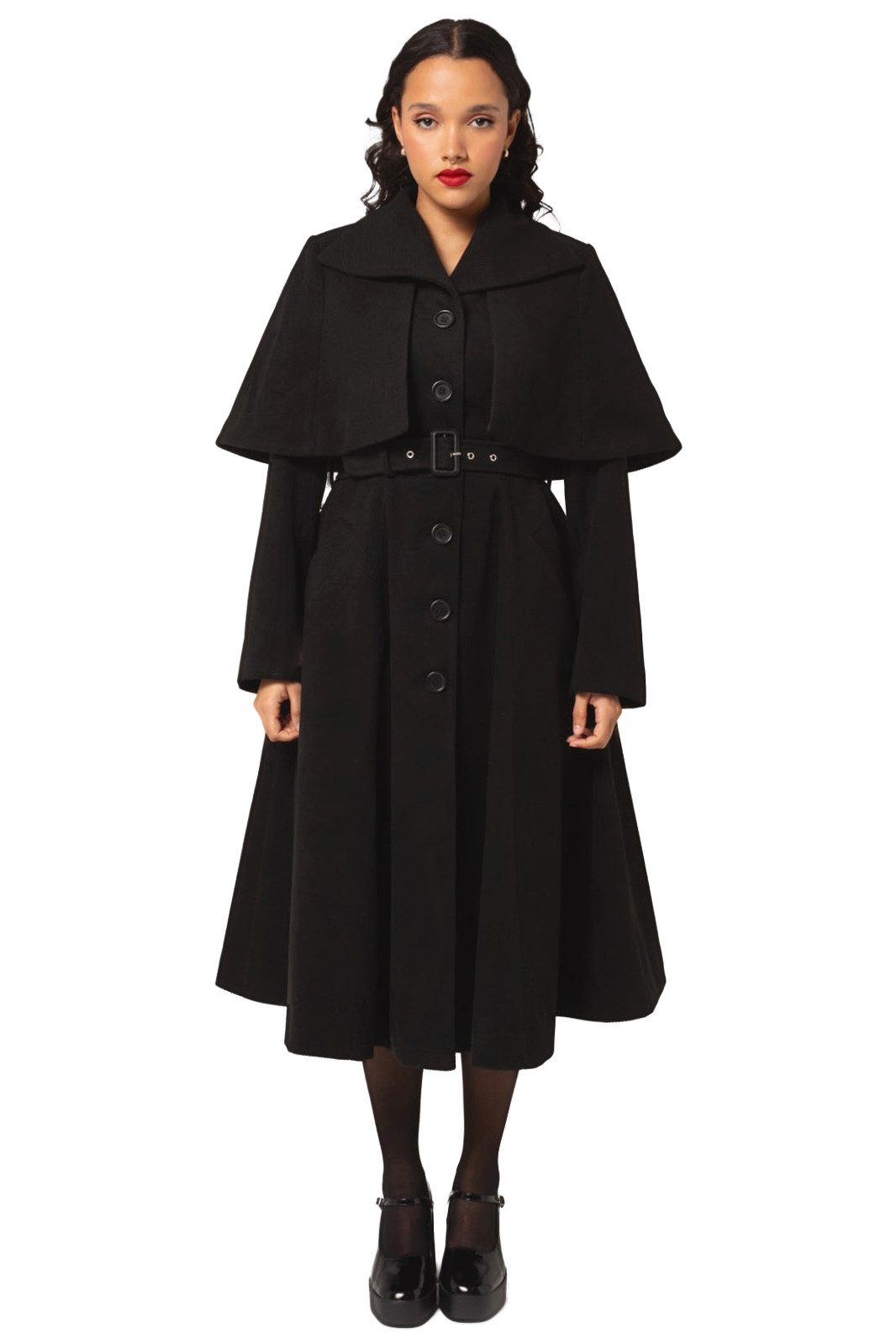 Hell Bunny Langmantel Ingrid Coat Übergangsmantel mit Cape Umhang Vintage Retro Gürtel