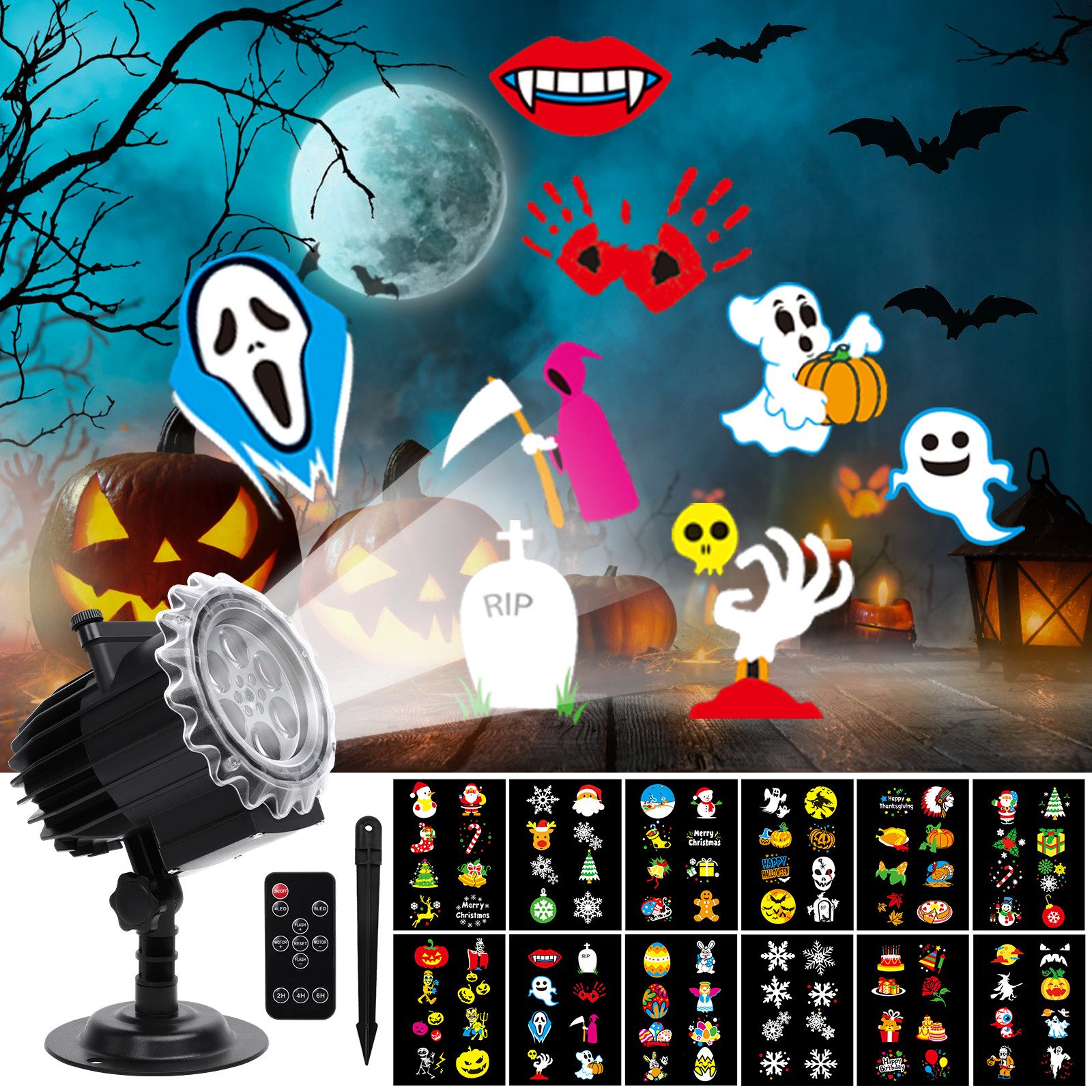Fofile LED Projektor Halloween Weihnachten Außen Innen 96 Motiven Светодиодный проектор (12 Filme Wasserdichte Weihnachtsprojektor mit Fernbedienung & Timer)