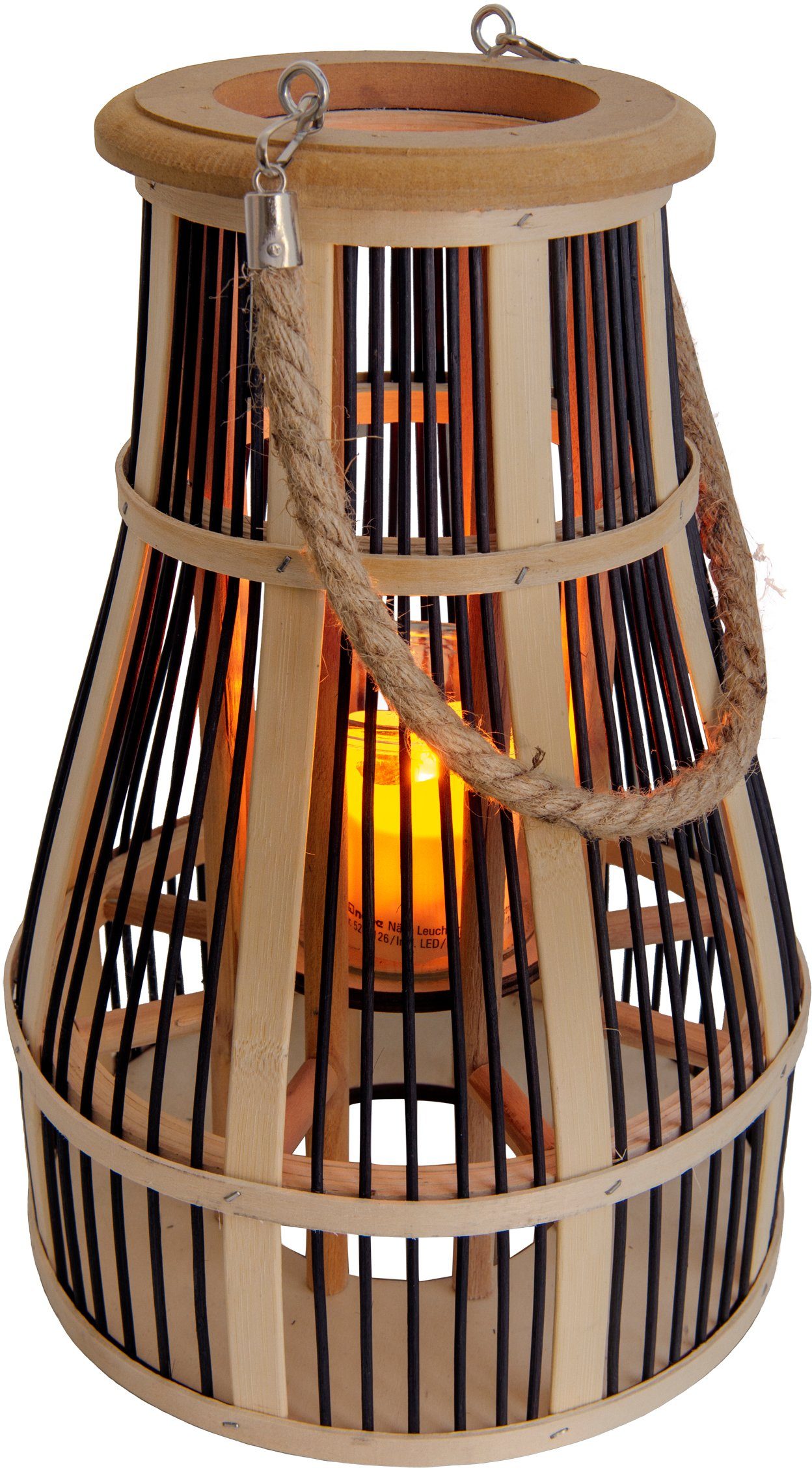 Ein-/Ausschalter, integriert, Teelicht, Warmweiß, Material: Flammeneffekt, fest Solarleuchte Korb, näve Bambus/Jute/Glas LED LED Glaseinsatz für