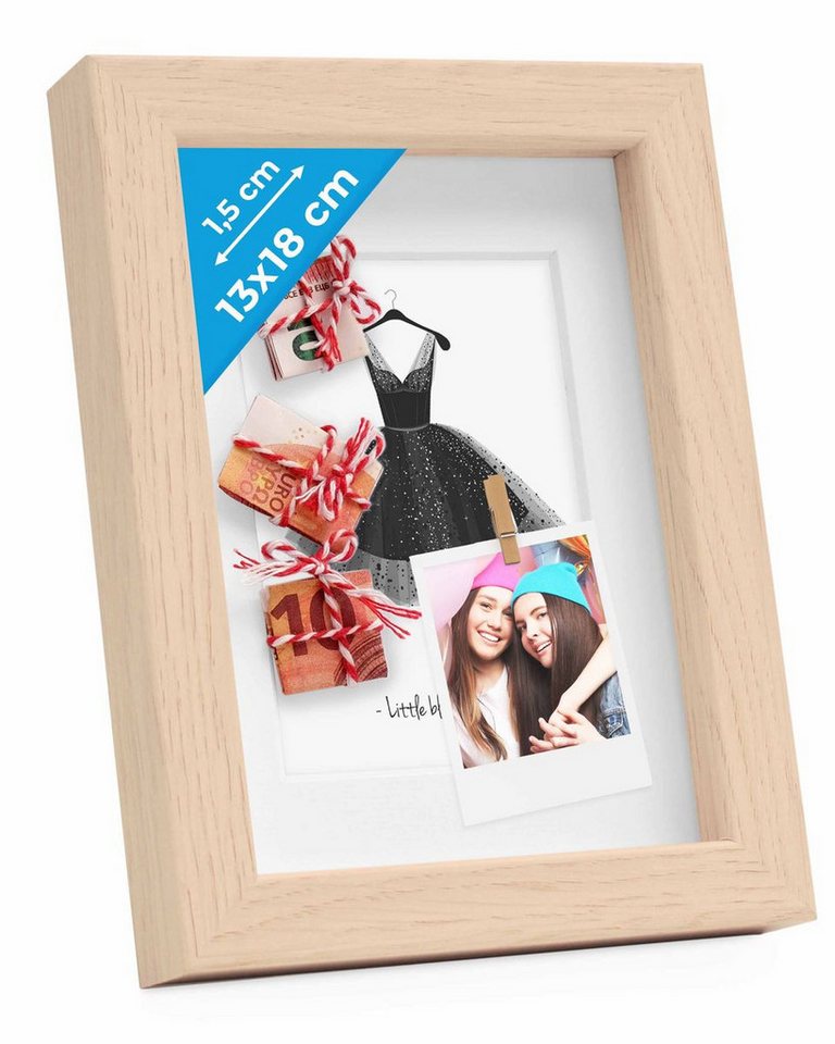 PHOTOLINI Bilderrahmen 3D-Objektrahmen zum Befüllen mit Passepartout und Glasscheibe, für 1 Bilder (1 Einzelrahmen), Rahmen 13x18 cm für Objekte bis 1,5 cm Tiefe zum Basteln & Verschenken