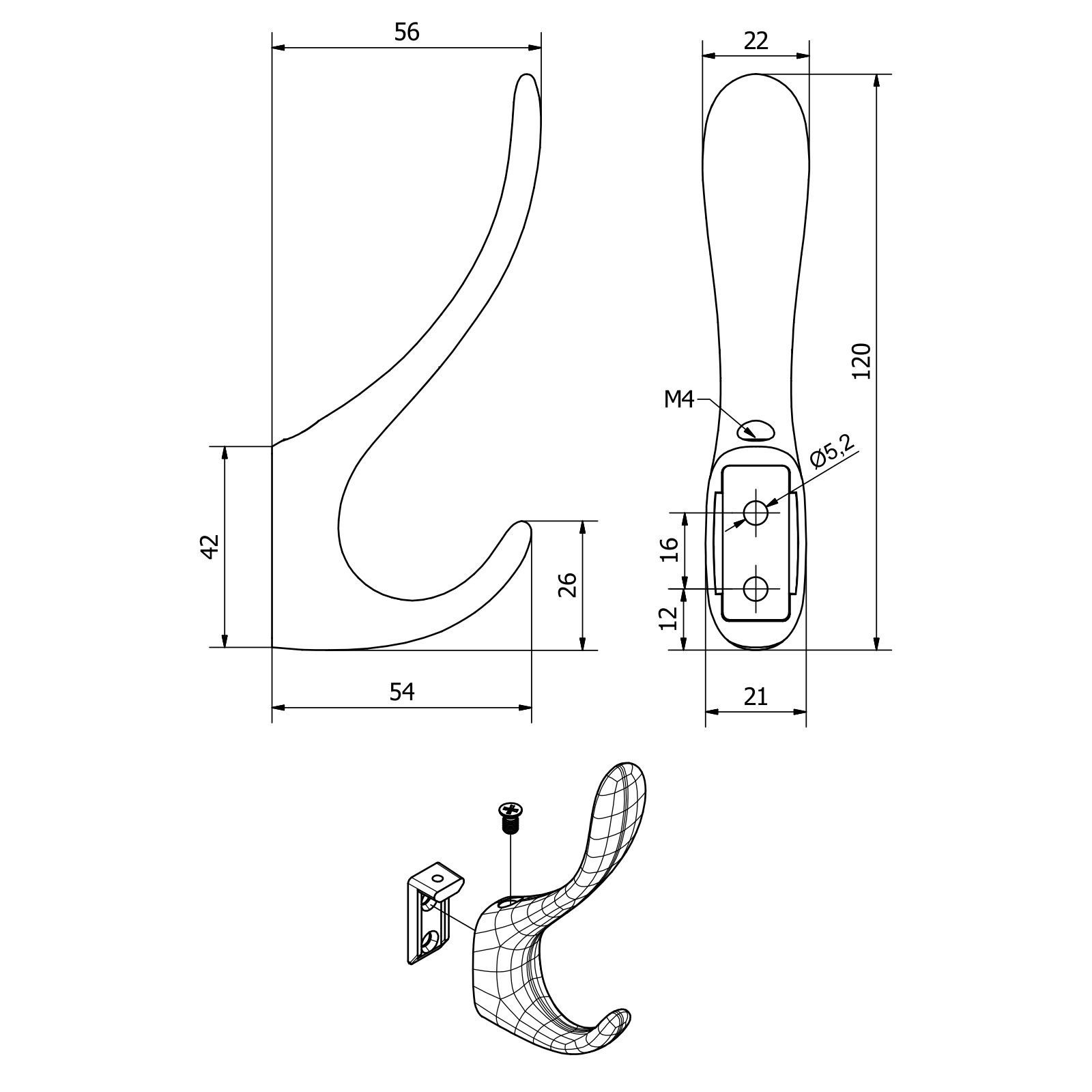 SO-TECH® Kleiderhaken Garderobenhaken NANO 12 x 2,2 cm, (1-St), schwarz matt inklusive Befestigungsschrauben und Dübel