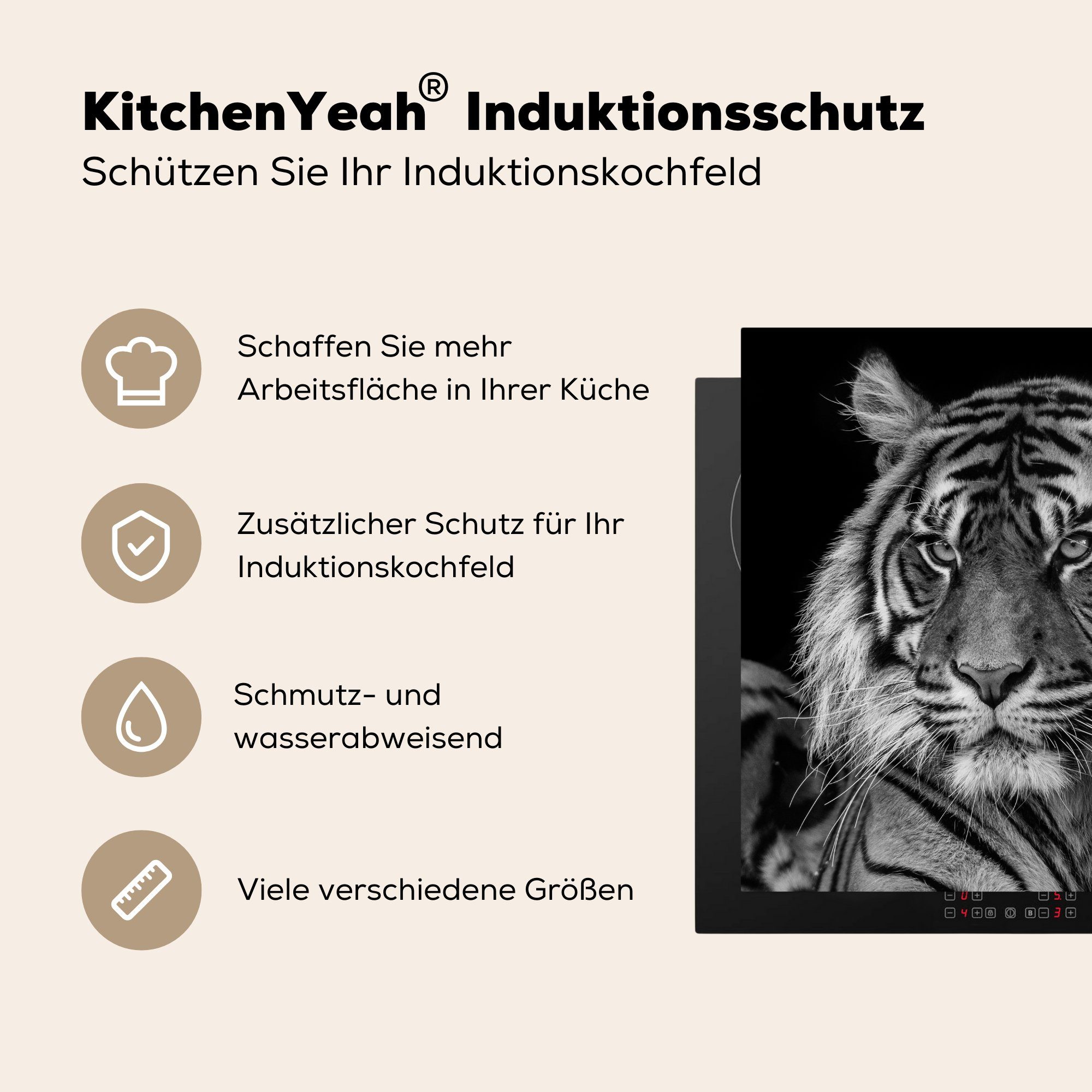 MuchoWow cm, für Ceranfeldabdeckung, Arbeitsplatte küche Hintergrund, Vinyl, Herdblende-/Abdeckplatte auf tlg), Sumatra-Tiger schwarzem 78x78 (1