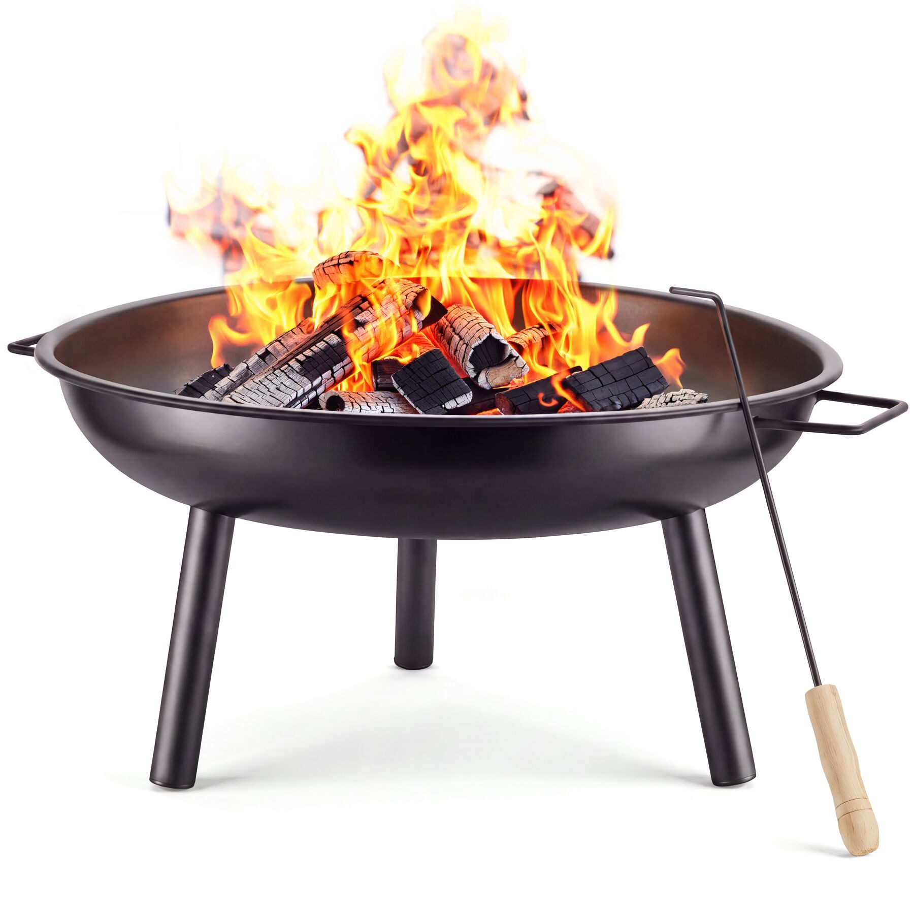 tectake Feuerschale Feuerkorb Ø 57,5 cm, 2,5 mm Stahldicke, Tragegriffe, Wasserablauf, (Outdoor-feuerstelle Diablo, in Schwarz), hoher, gebördelter Rand, 3 Standbeine mit Kunststoffkappen