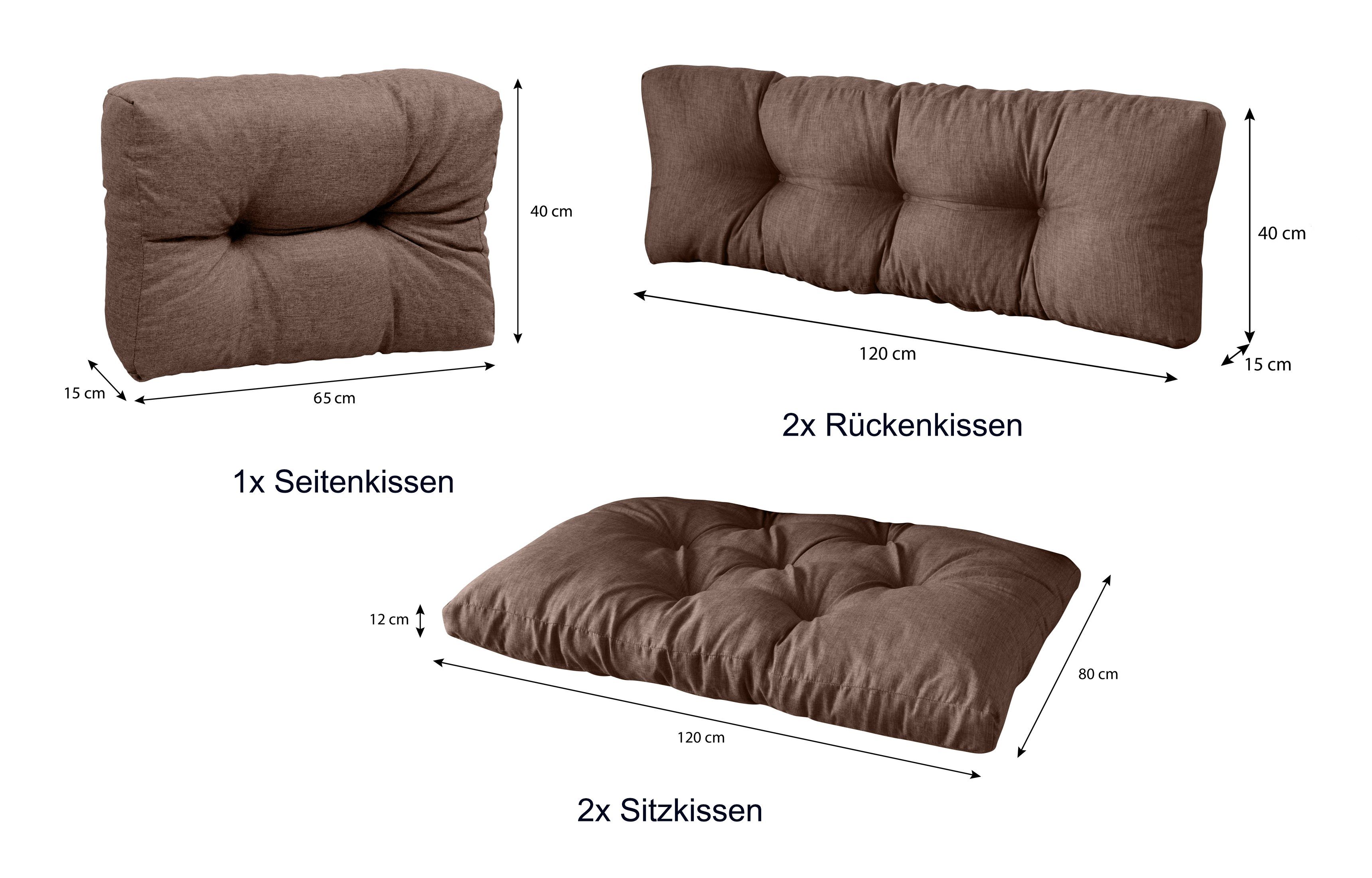 Braun palettencouch + 1x 5er 2x Seitenkissen, Set: Palettenkissen + 80 x Rückenkissen 2x sunnypillow Sitzkissen palettenmöbel 120 polsterauflage