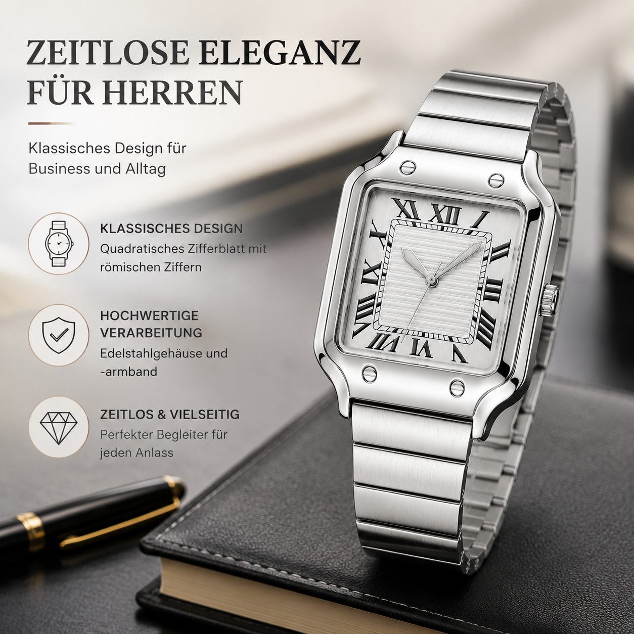 Forrlite Quarzuhr Quarzuhr Herren, Edelstahl-Armbanduhr mit quadratischem Zifferblatt, Herren-Quarzuhr mit Edelstahlarmband, römischen Ziffern, 3 ATM, Armbandkürzer
