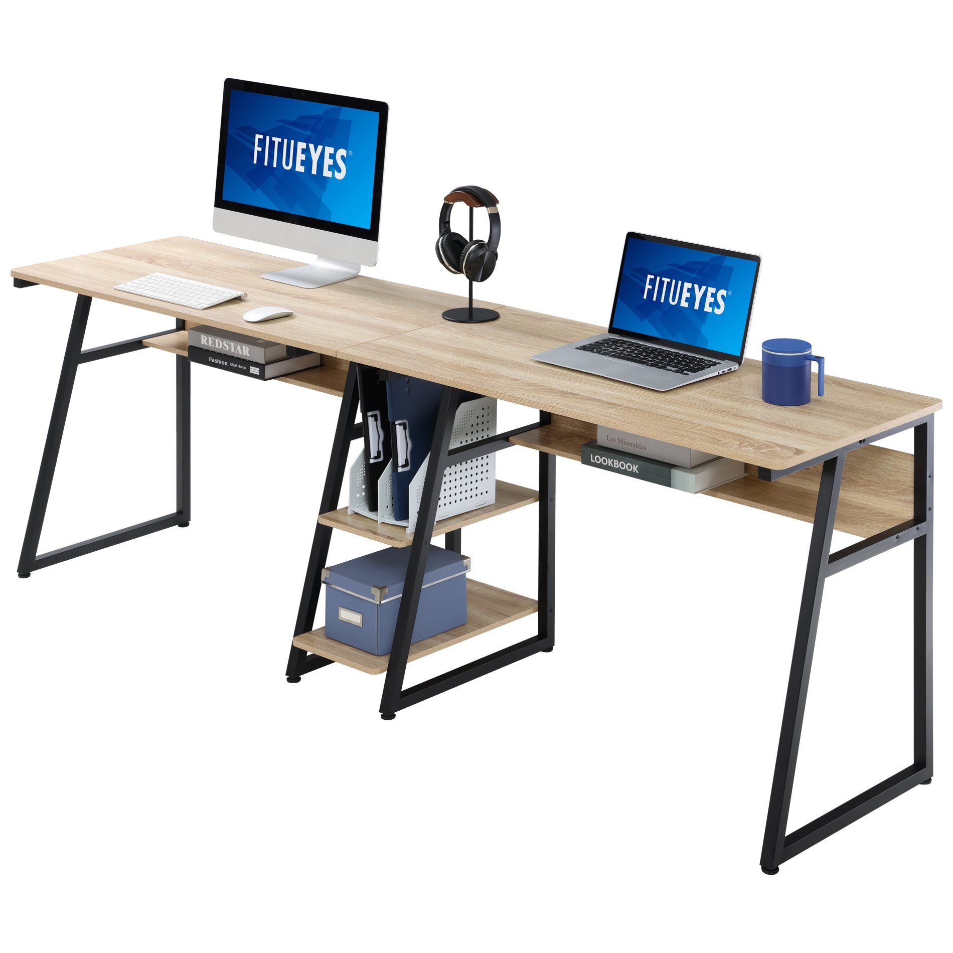 FITUEYES Schreibtisch, Computertisch für zwei Personen Holz Matchwood mit  Lagerung Doppelte Workstation Tabelle für Zuhause Büro 206x50,5x75cm