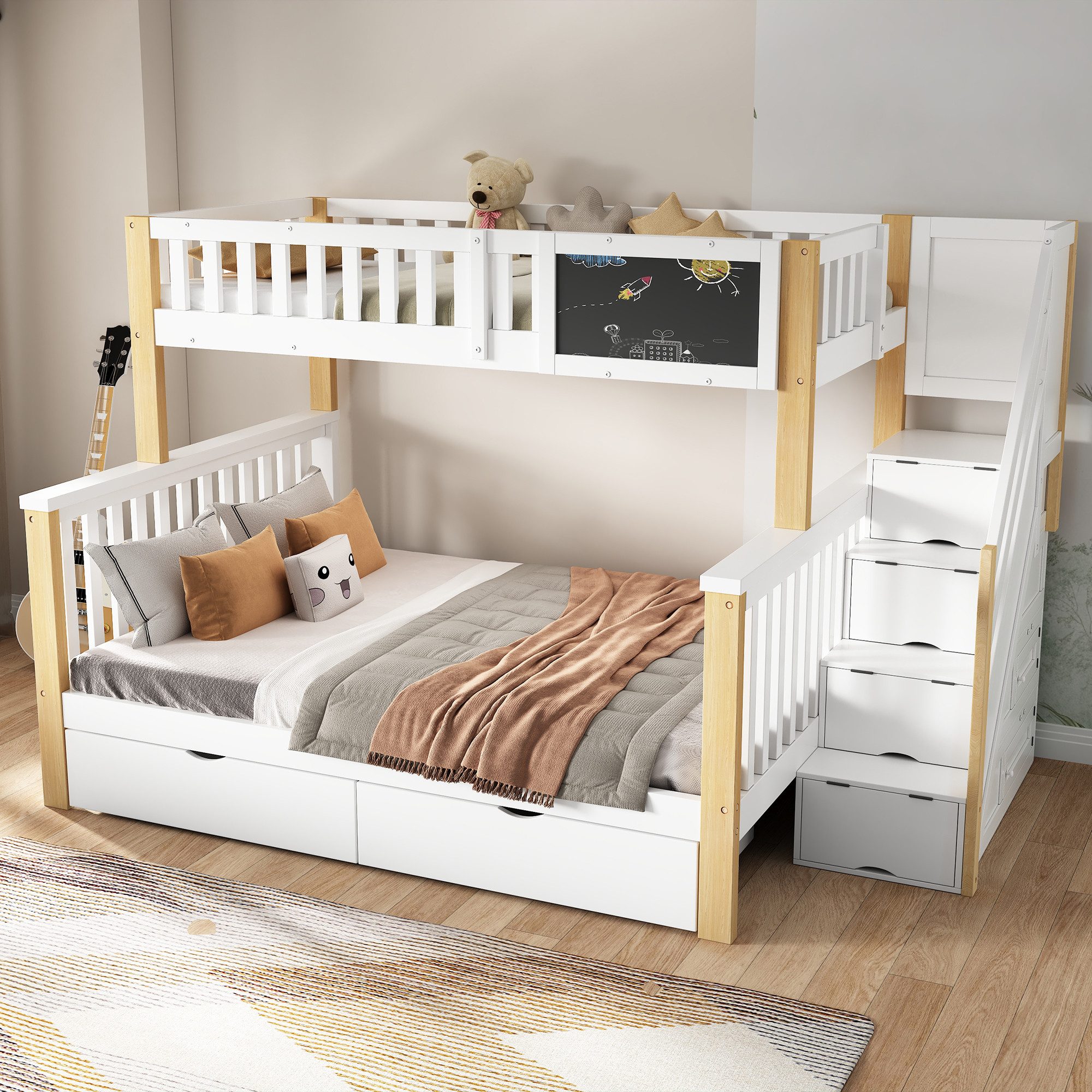 Flieks Etagenbett, Kinderbett mit Tafel Treppe Schubladen 90x200cm+140x200c günstig online kaufen