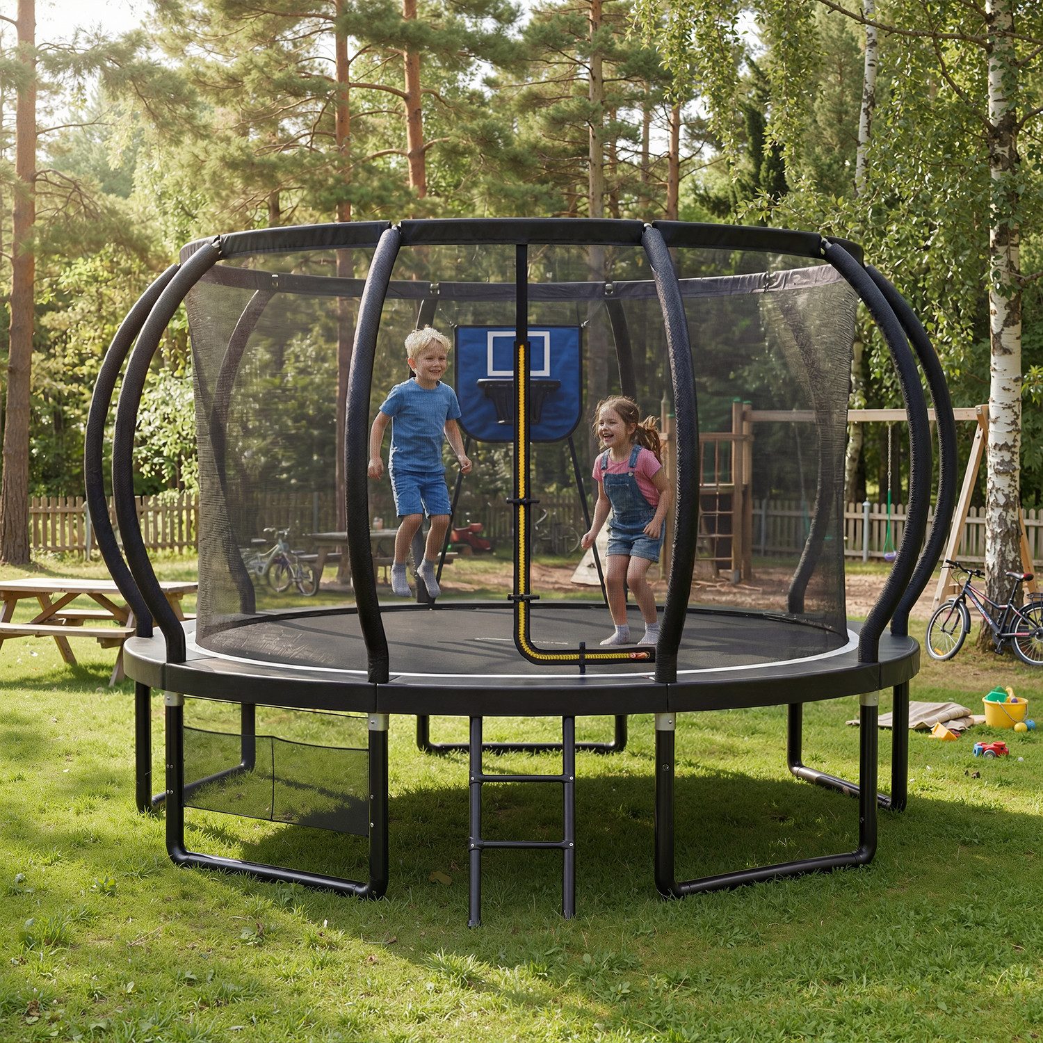 HOMALL Gartentrampolin Basketballkorb-Trampoline, Outdoor-Trampoline, Kindertrampoline, Ø 366 cm, (228/305/366/427 cm, komplett mit Basketball, Pumpe, Sicherheitsnetz, Leiter und 360°-Geländer, maximale Belastbarkeit 150 kg)
