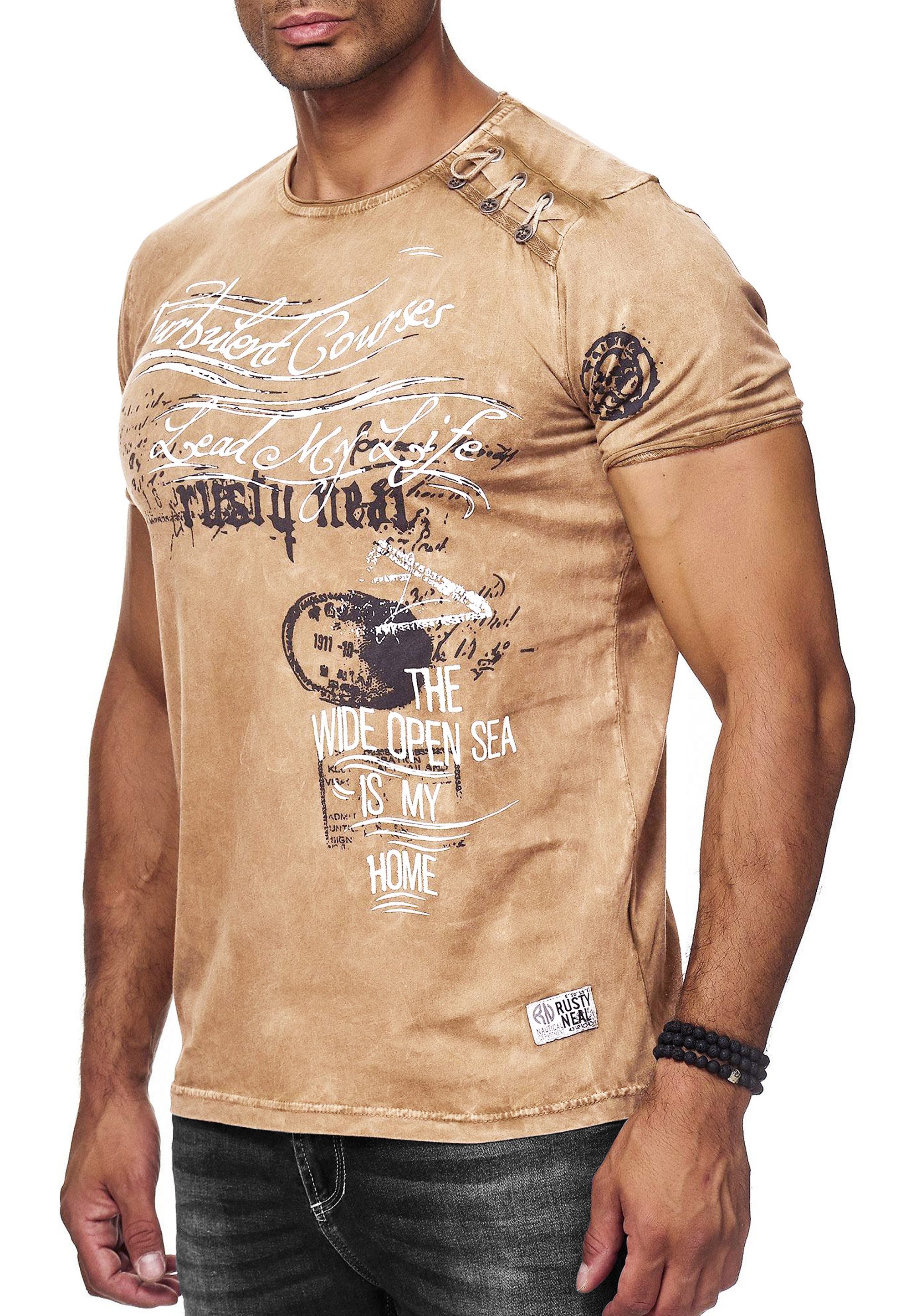 R-NEAL T-Shirt T-Shirt Herren Seitliche Knopfleiste Oil Washed mit Front Print